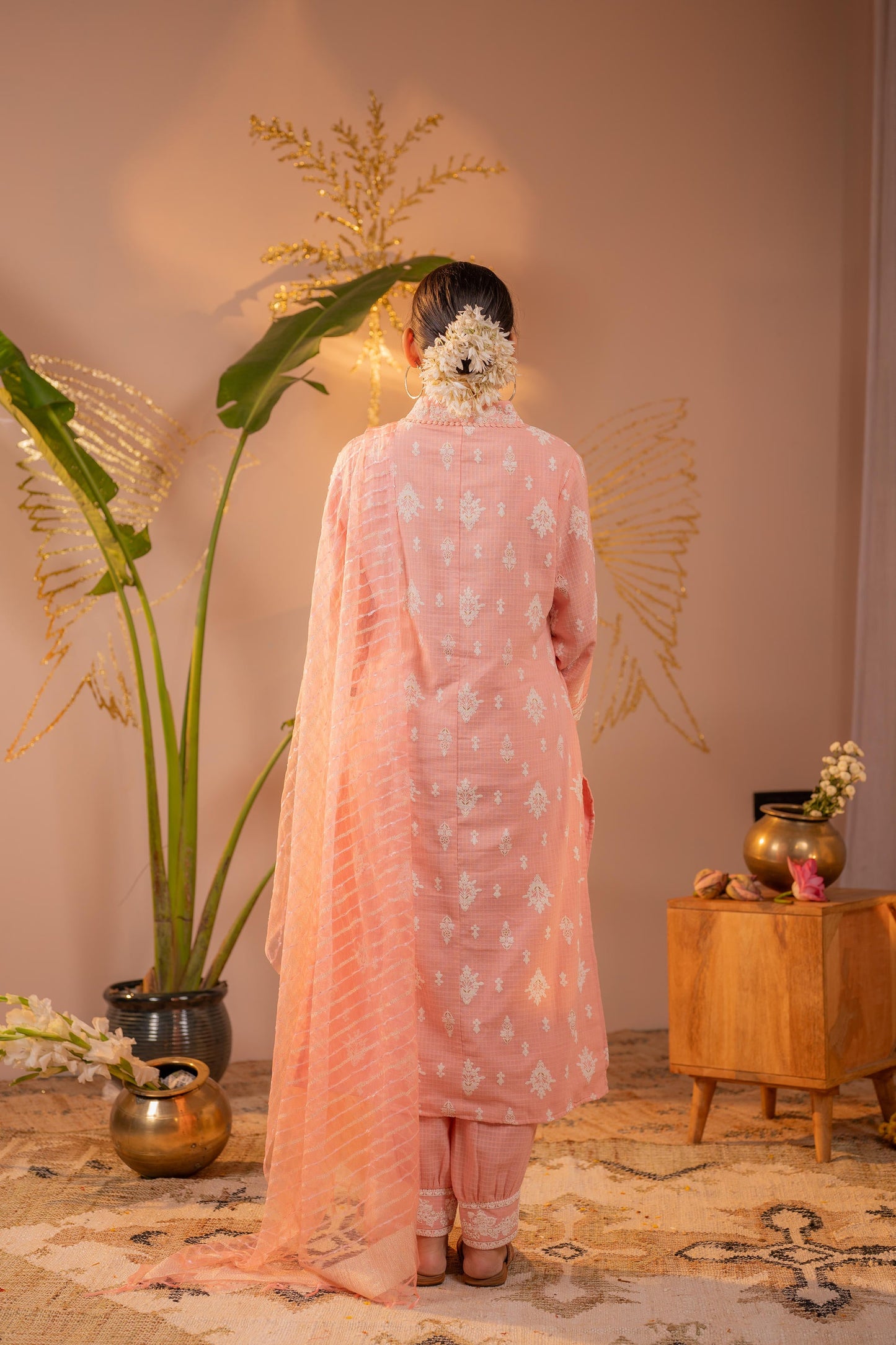 Peach Blossom Embroidered Kurta Set with Sheer Striped Dupatta