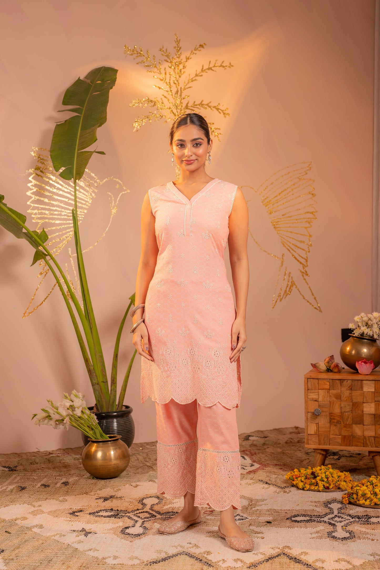 Peach Pastel Schiffli Kurta Set