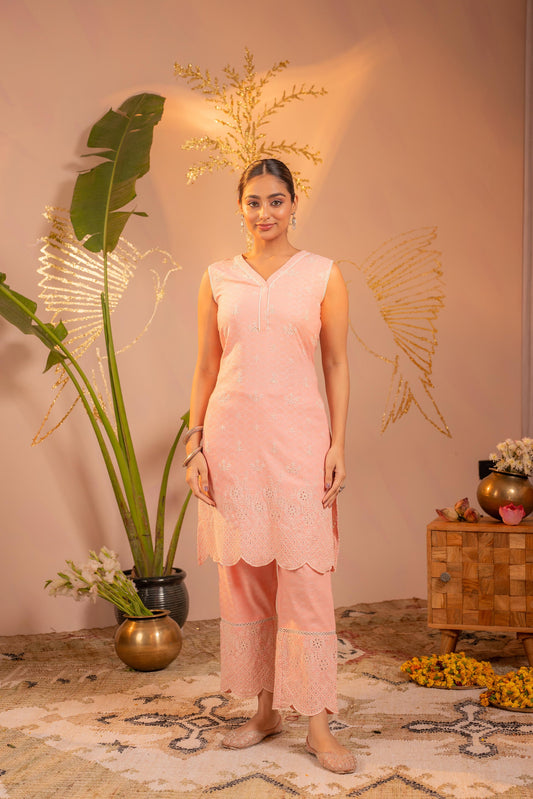 Peach Pastel Schiffli Kurta Set