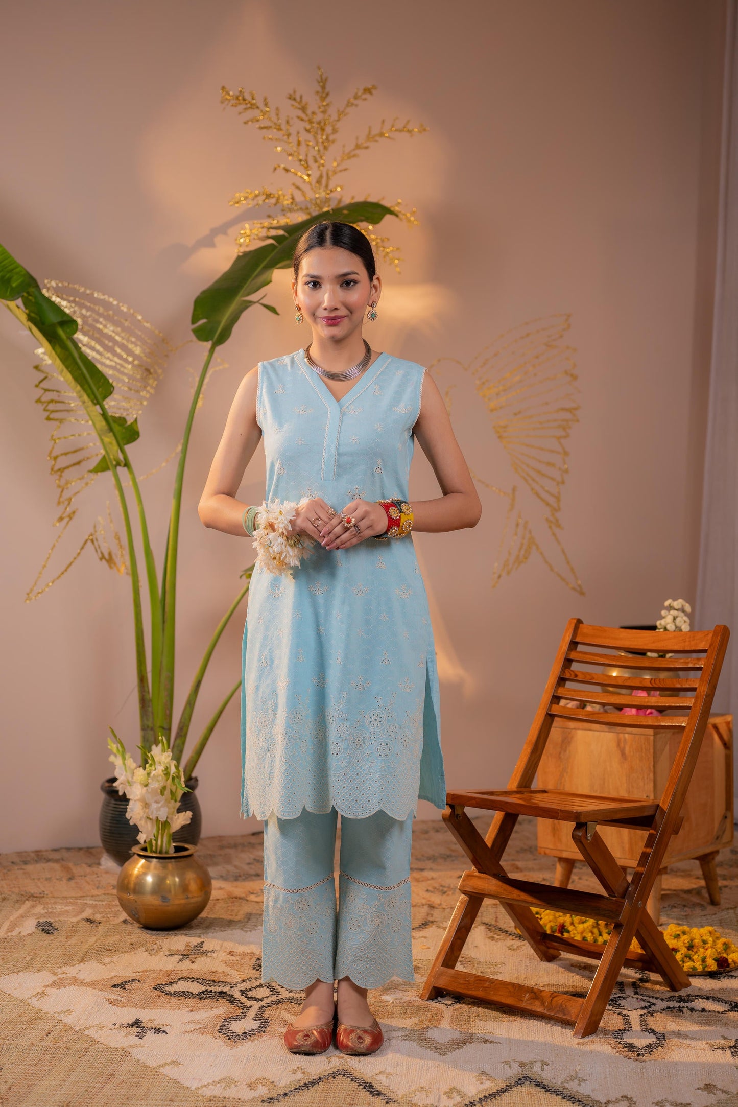 SkyBlue Pastel Schiffli Kurta Set