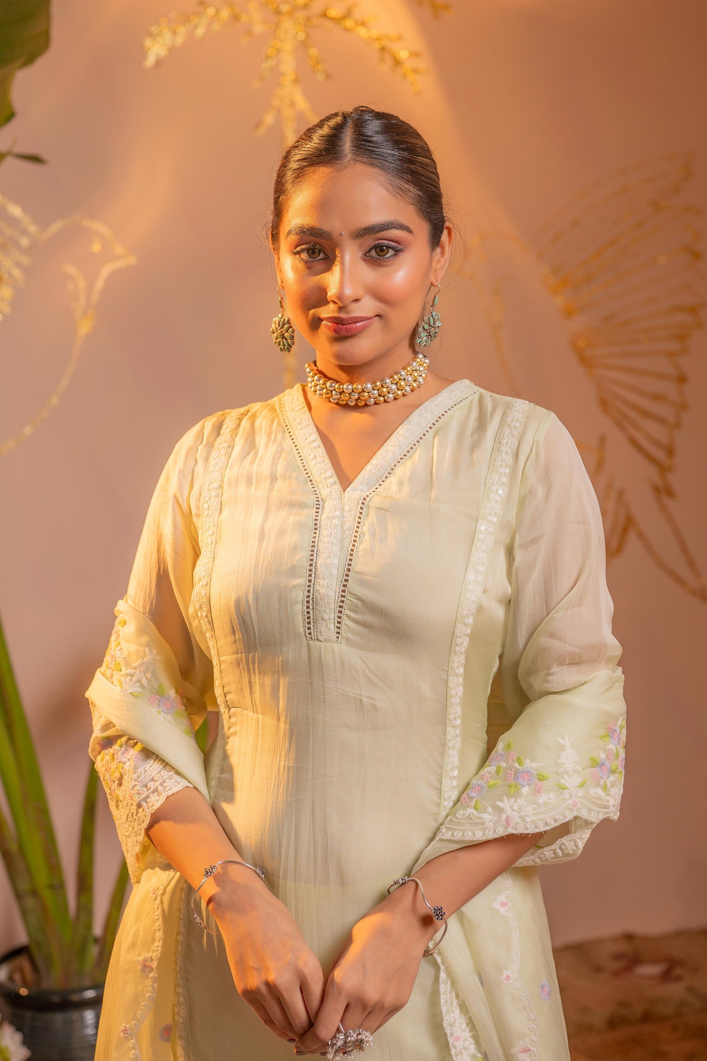 Lime  Kurta Set with Floral Lace Borders