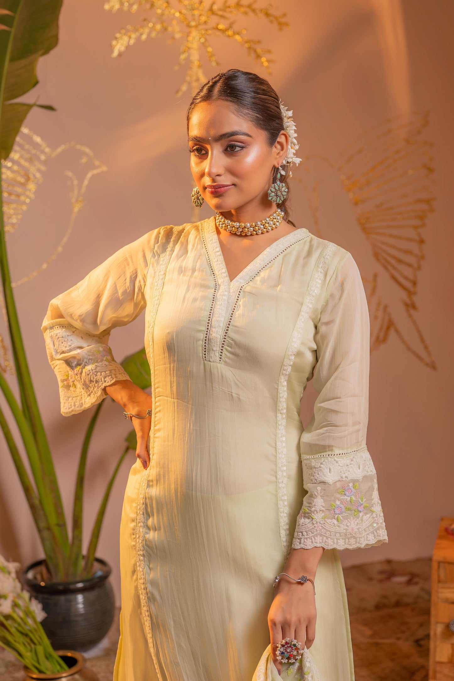 Lime  Kurta Set with Floral Lace Borders