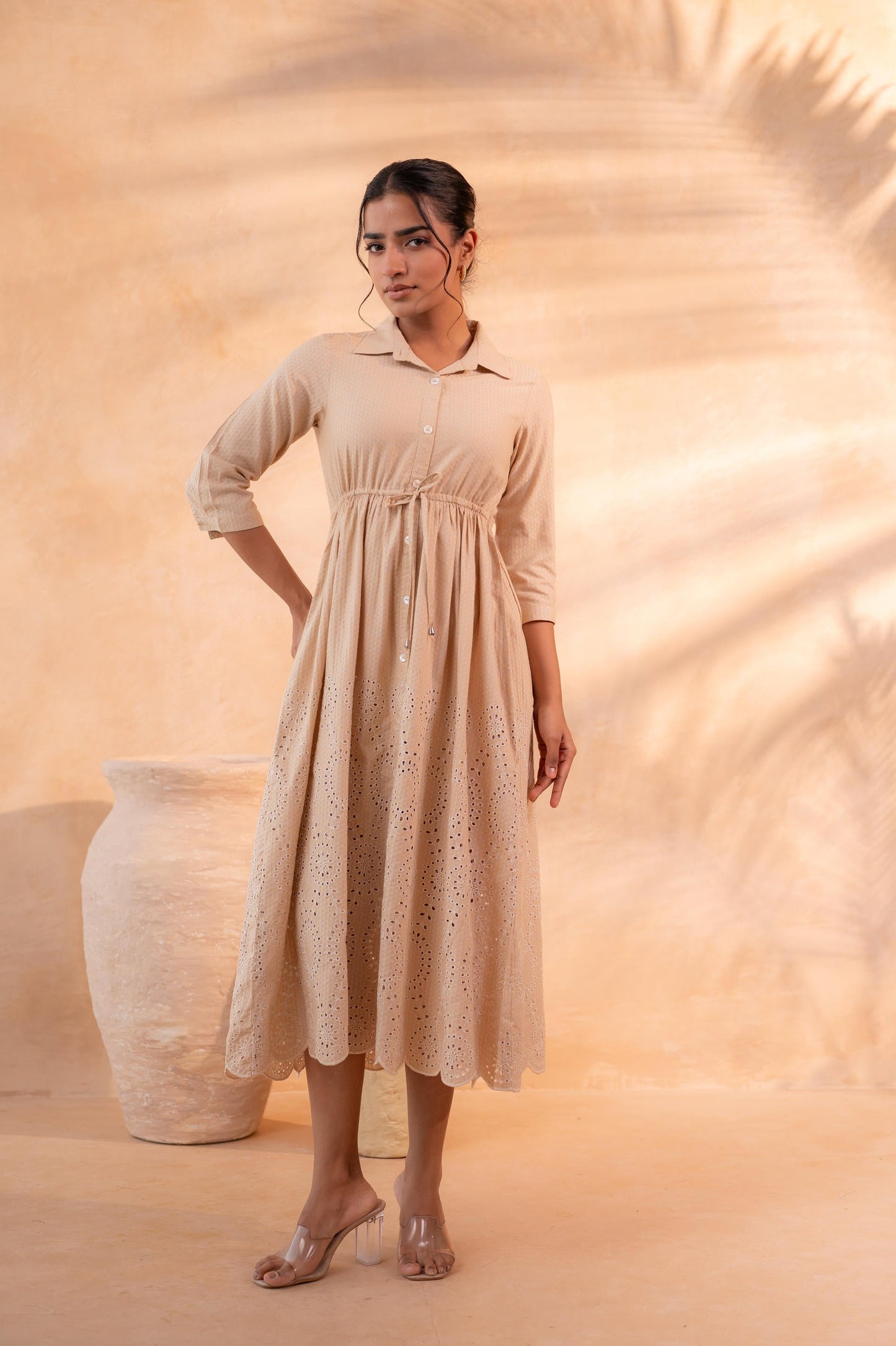 Schiffli Camel Bloom Long Dress