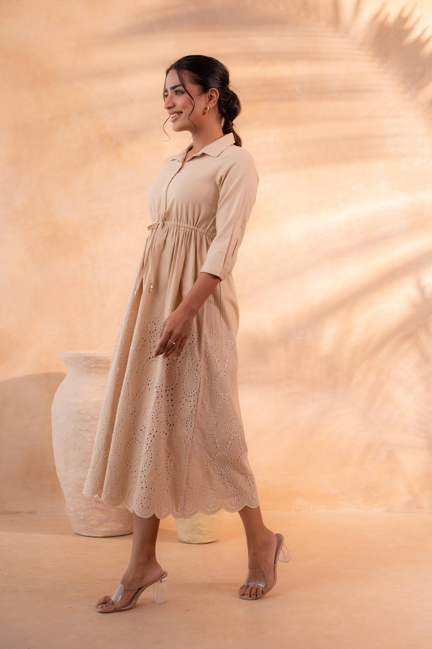 Schiffli Camel Bloom Long Dress