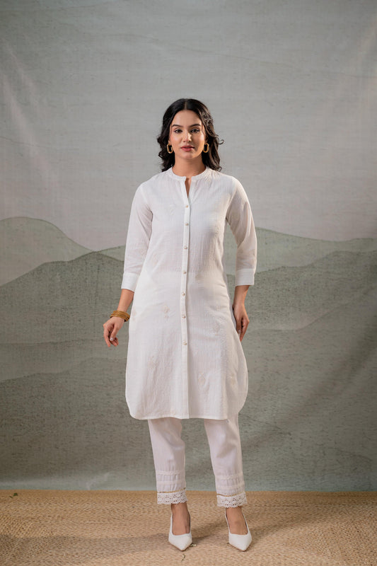 White Cotton Textured Straight Kurta