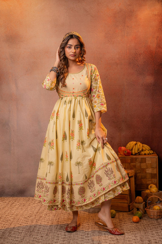 Buttercream Yellow Floral Printed Cotton Anarkali Dress