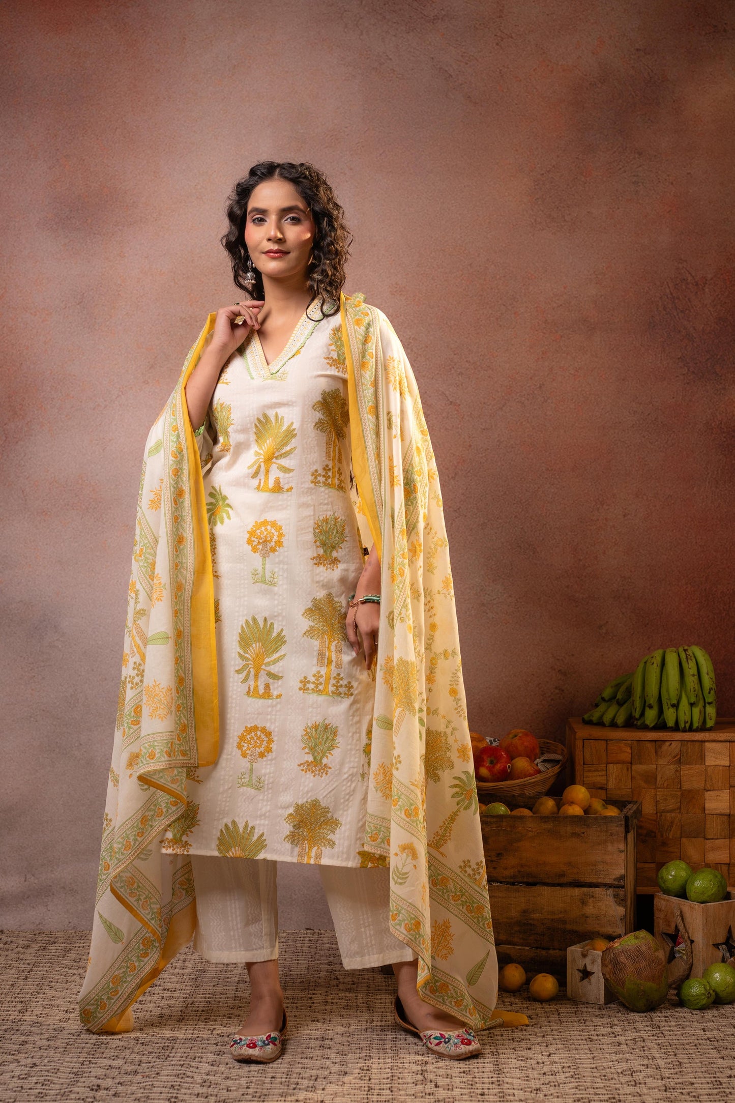 Off-White Mustard Botanical Printed Kurta Set with Statement Border Dupatta