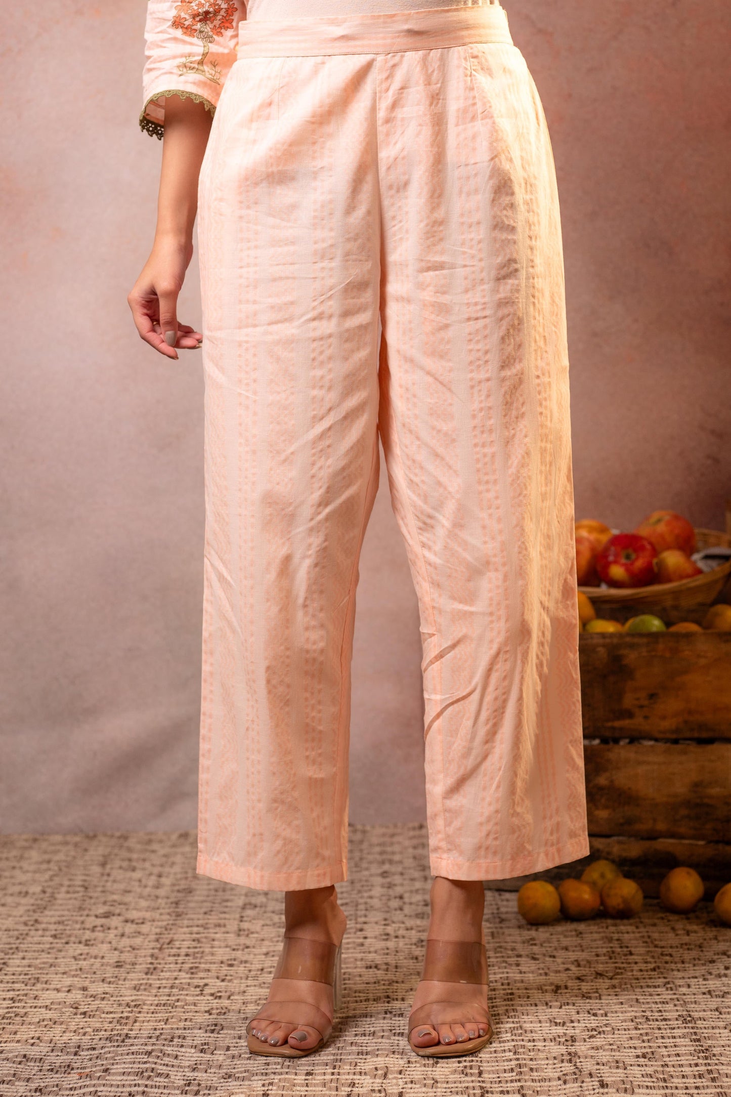 Off-White Peach Botanical Printed Kurta Set with Statement Border Dupatta