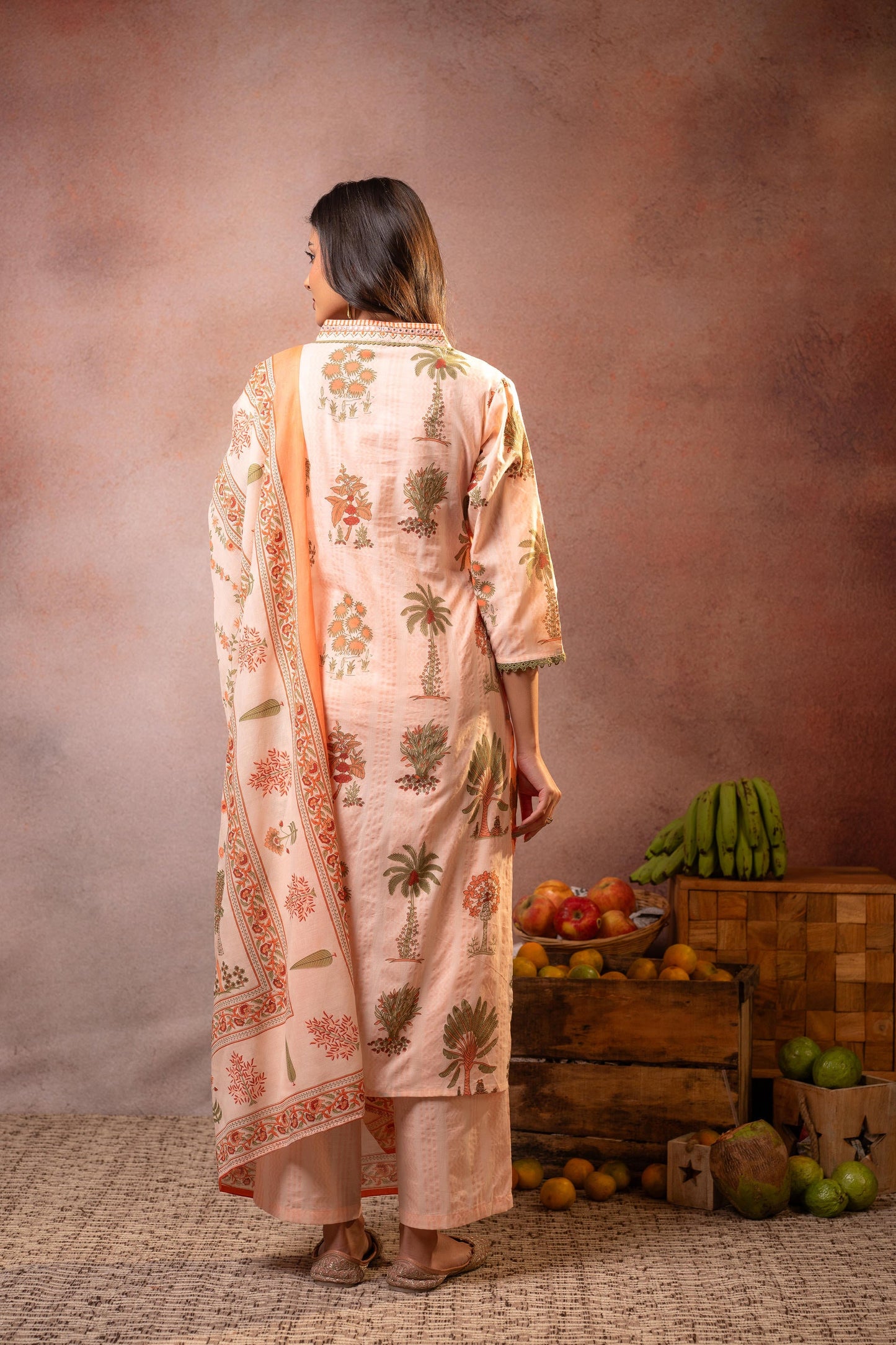 Off-White Peach Botanical Printed Kurta Set with Statement Border Dupatta