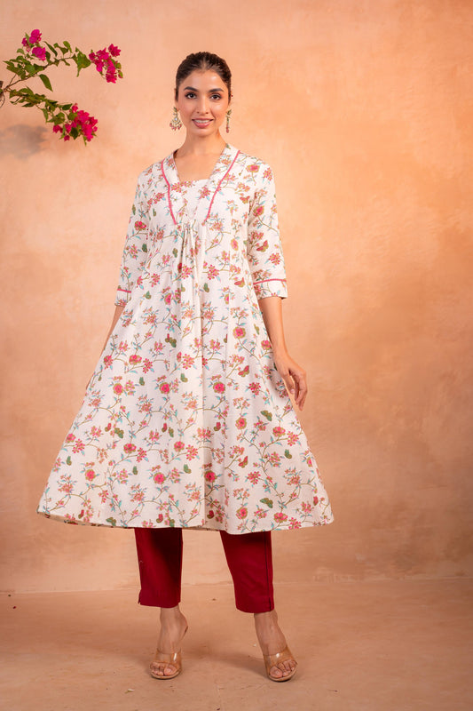 Ivory Garden Bloom Cotton A-Line Kurta