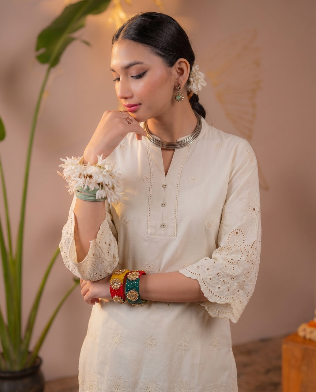 Camel Dune Tonal Schiffli Kurta Set