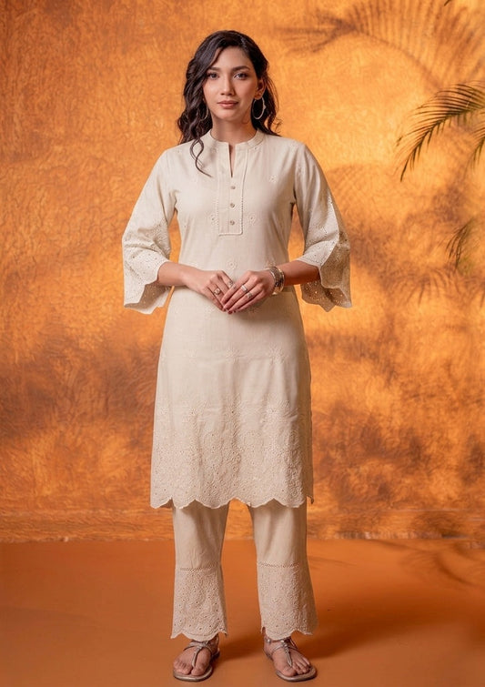 Off-White Dune Tonal Schiffli Kurta Set