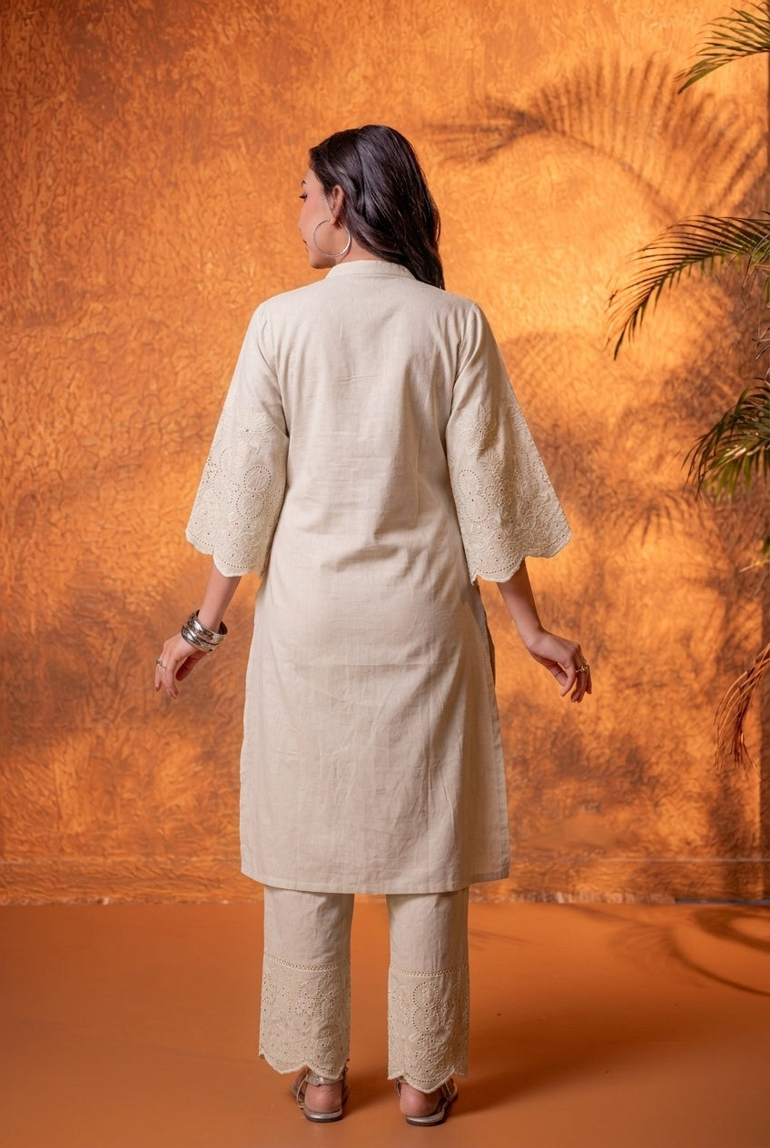 Off-White Dune Tonal Schiffli Kurta Set