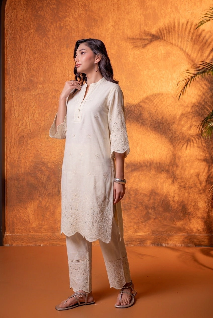 Off-White Dune Tonal Schiffli Kurta Set