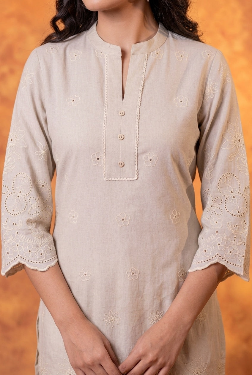 Off-White Dune Tonal Schiffli Kurta Set