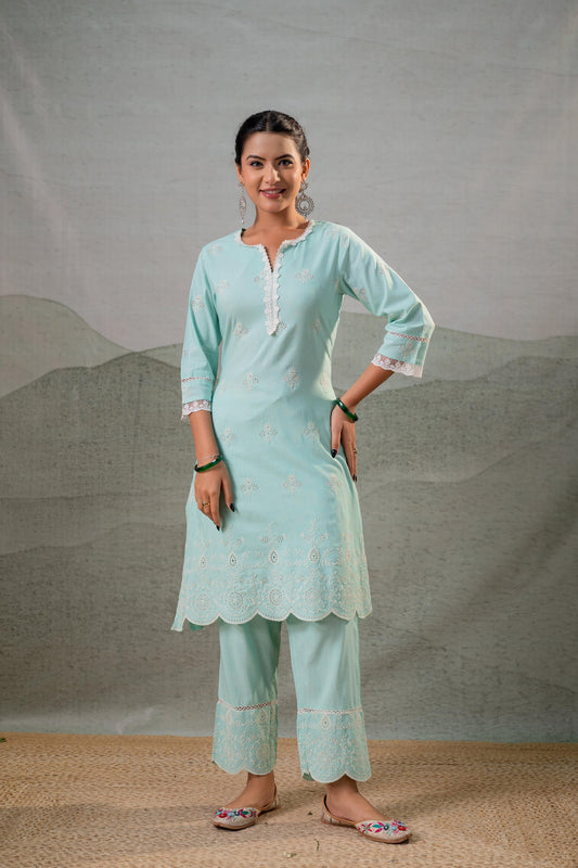 Mint Noor Scallop Schiffli Kurta Set
