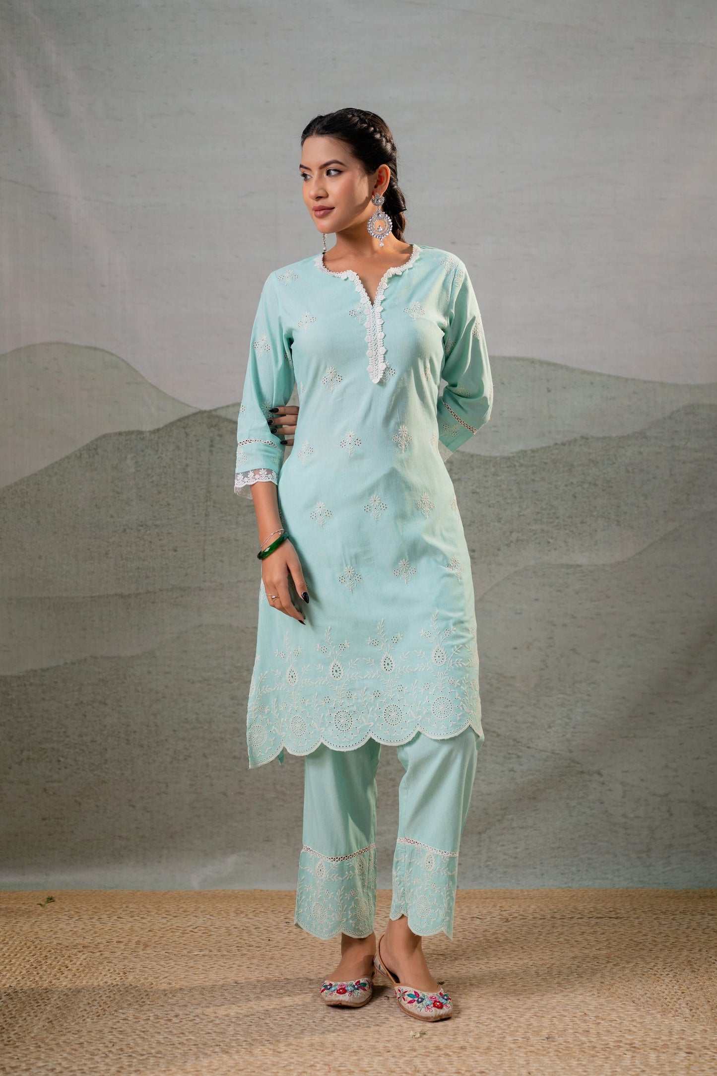 Mint Noor Scallop Schiffli Kurta Set