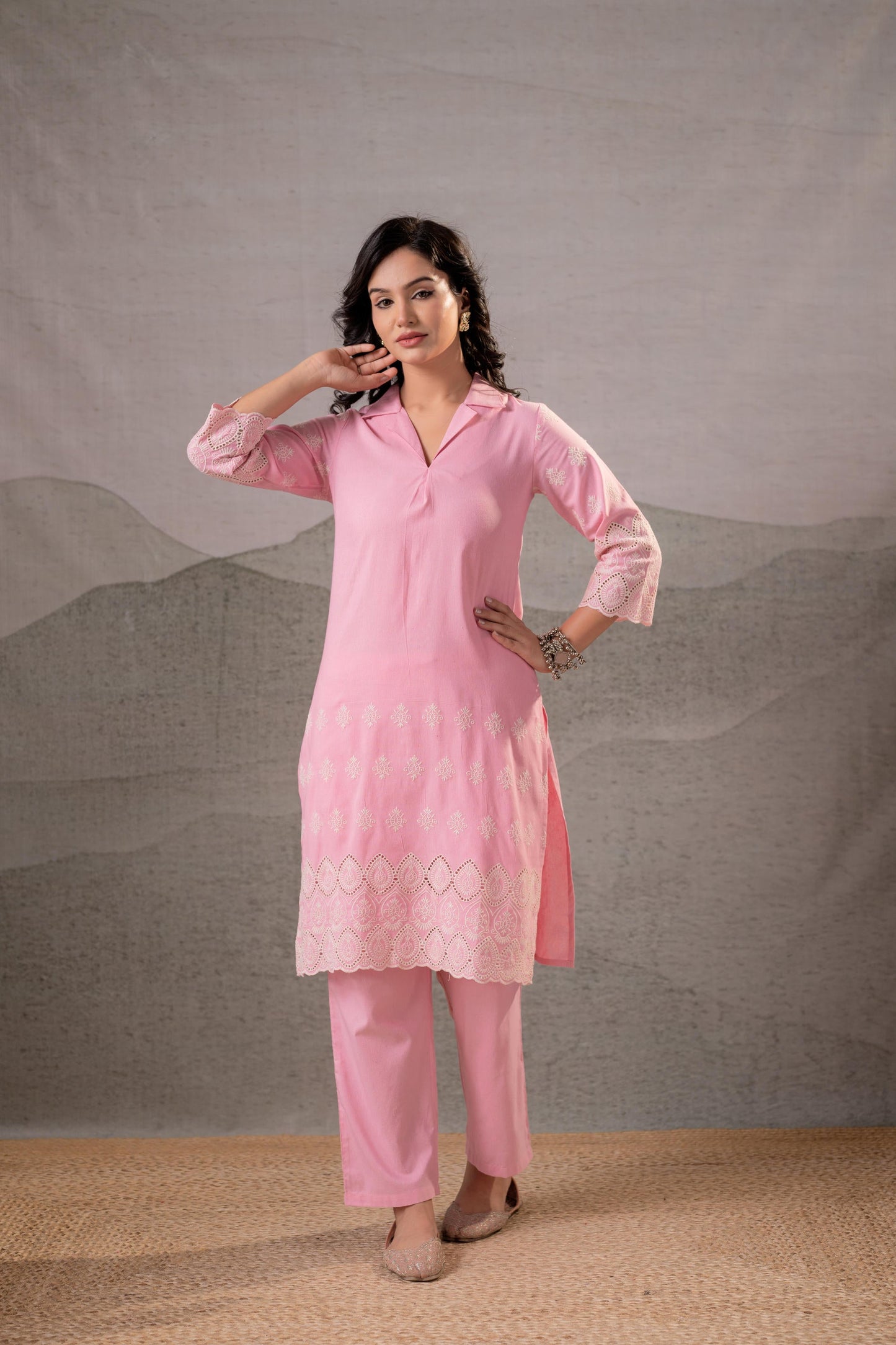 Blush Schiffli Panel Kurta Set