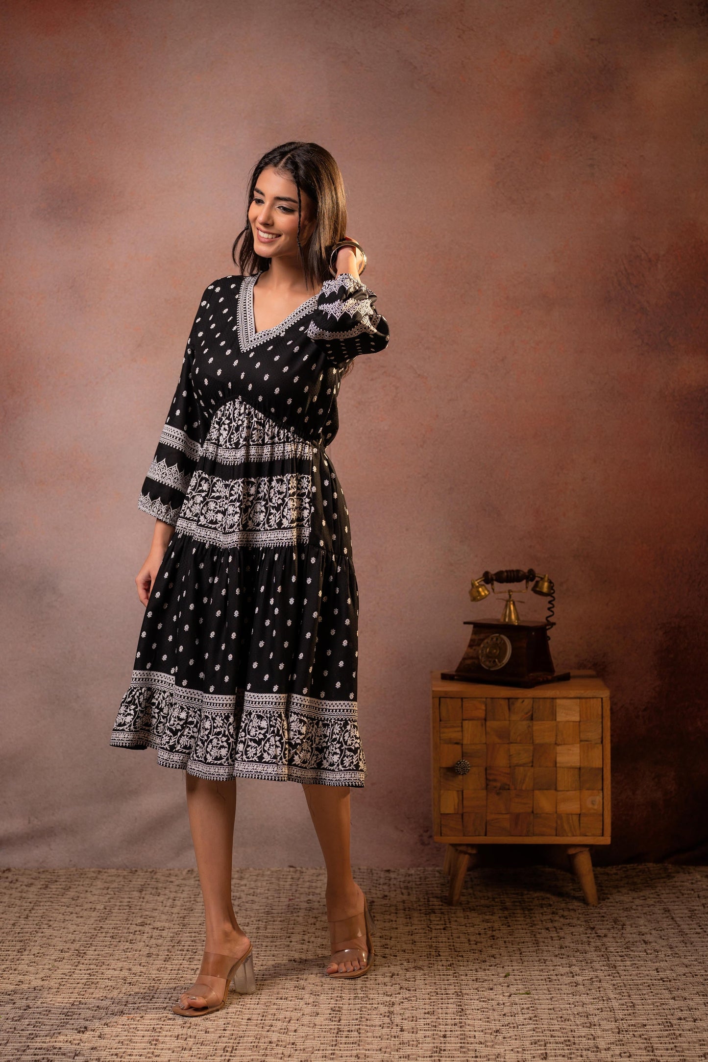 Noir Folk Printed Flare Dress