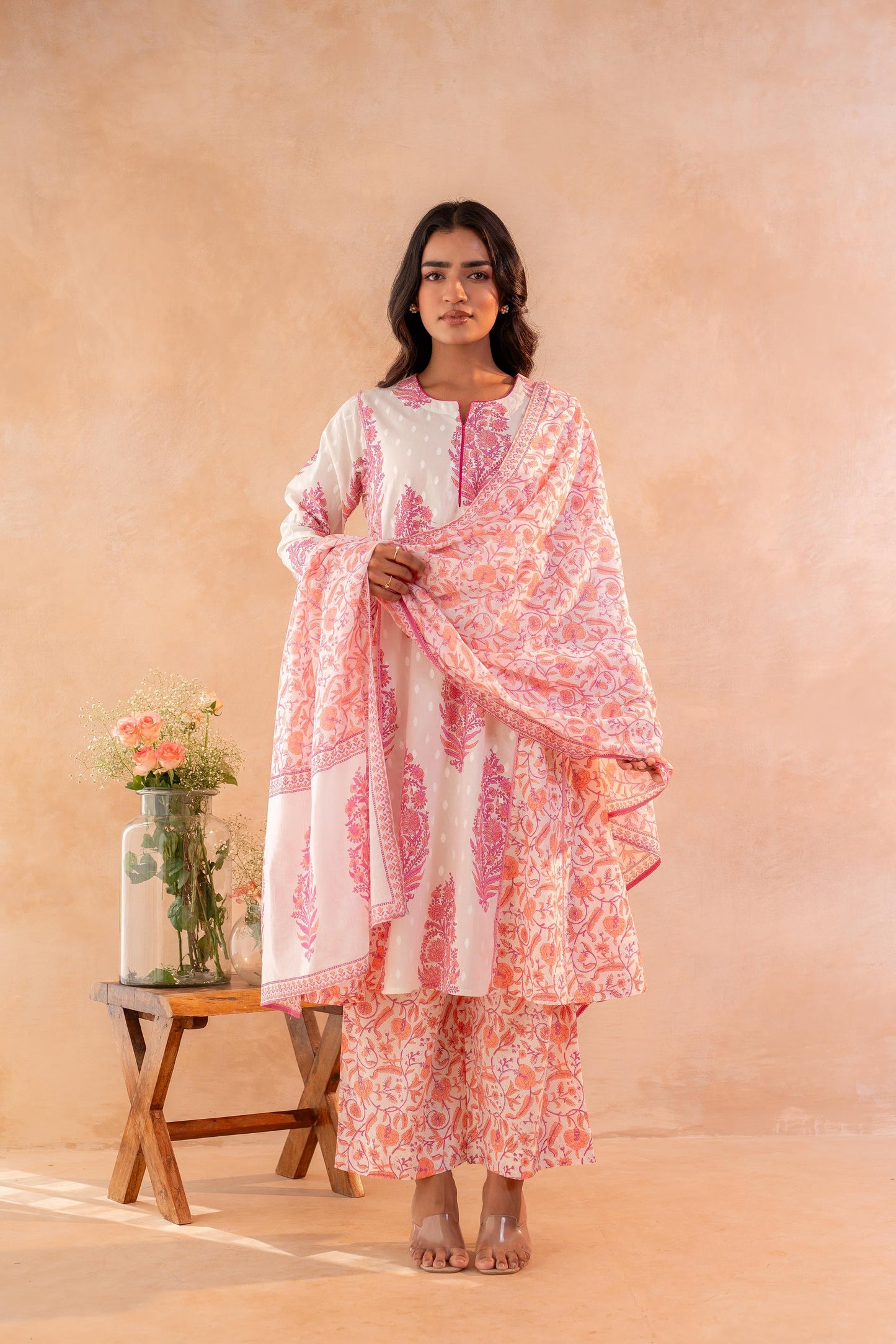 Ivory Aqua Floral Printed A-Line Kurta Set with Coordinated Dupatta