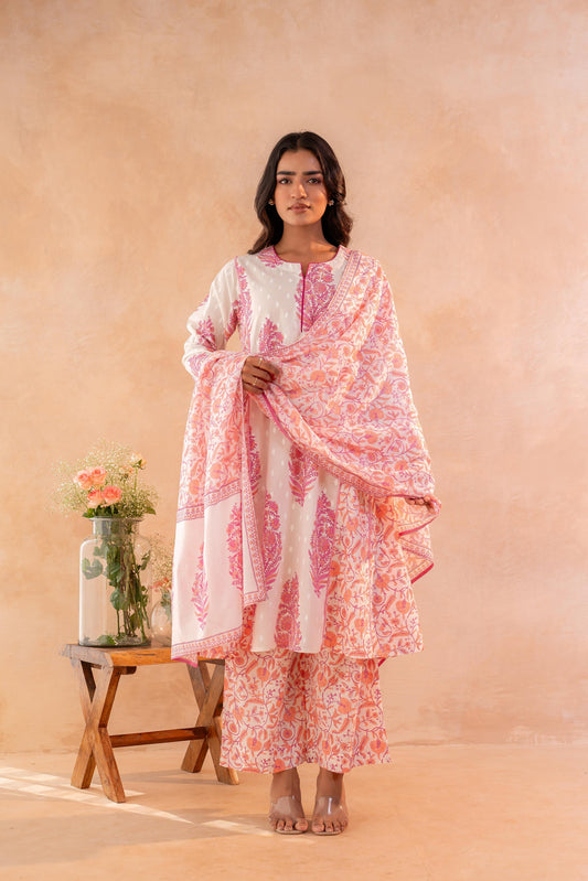 Ivory Aqua Floral Printed A-Line Kurta Set with Coordinated Dupatta