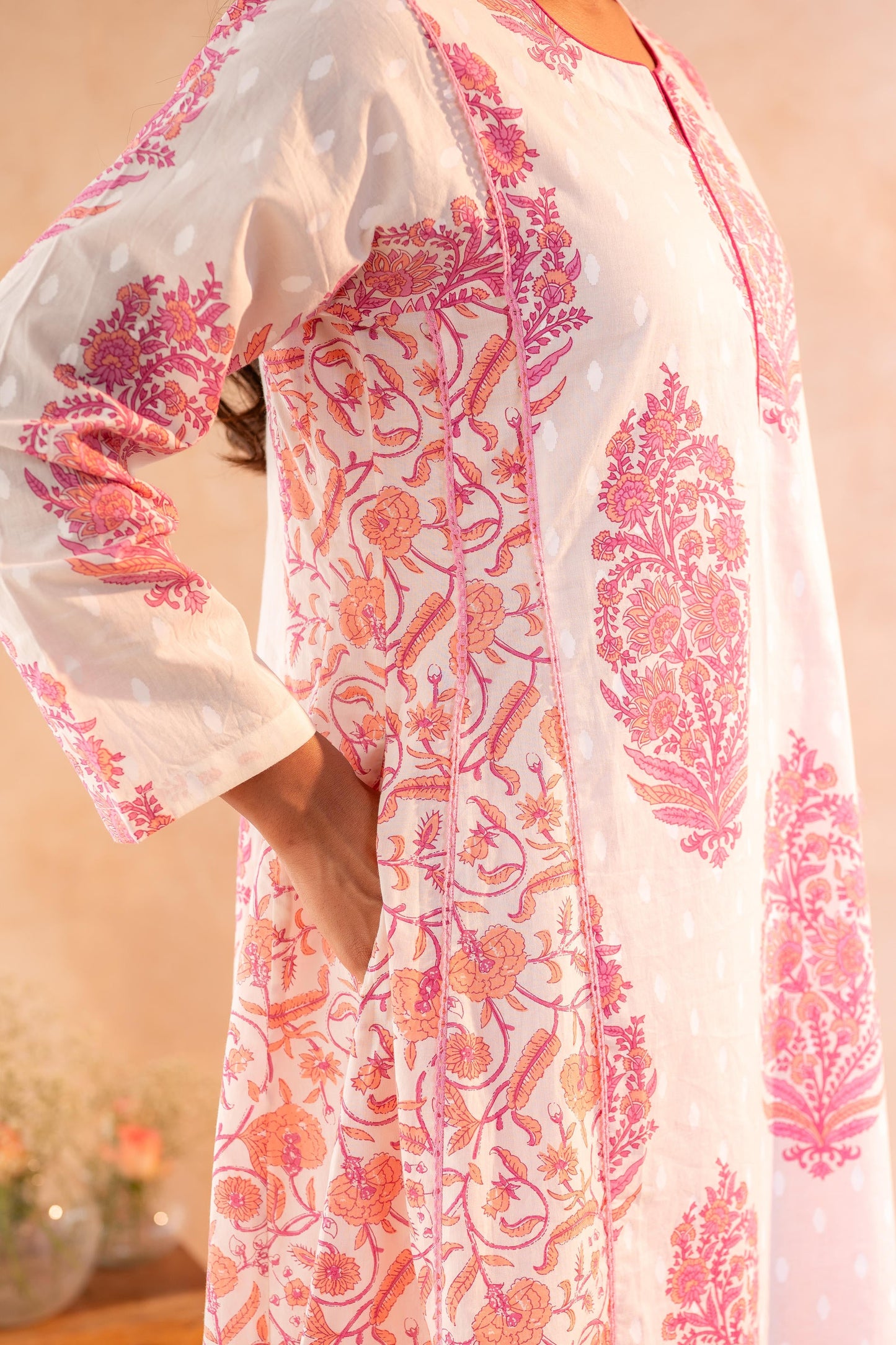 Ivory Aqua Floral Printed A-Line Kurta Set with Coordinated Dupatta