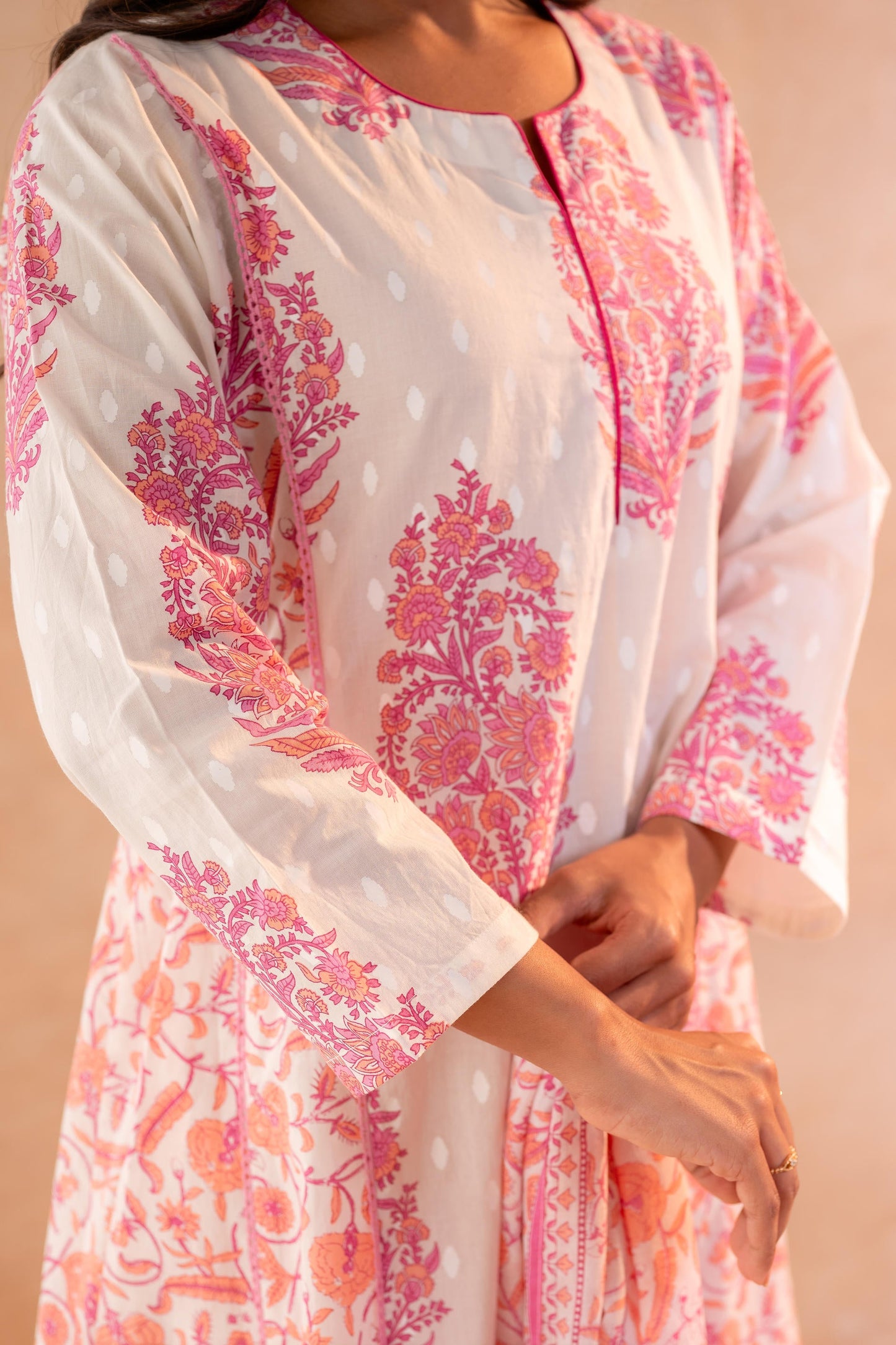 Ivory Aqua Floral Printed A-Line Kurta Set with Coordinated Dupatta