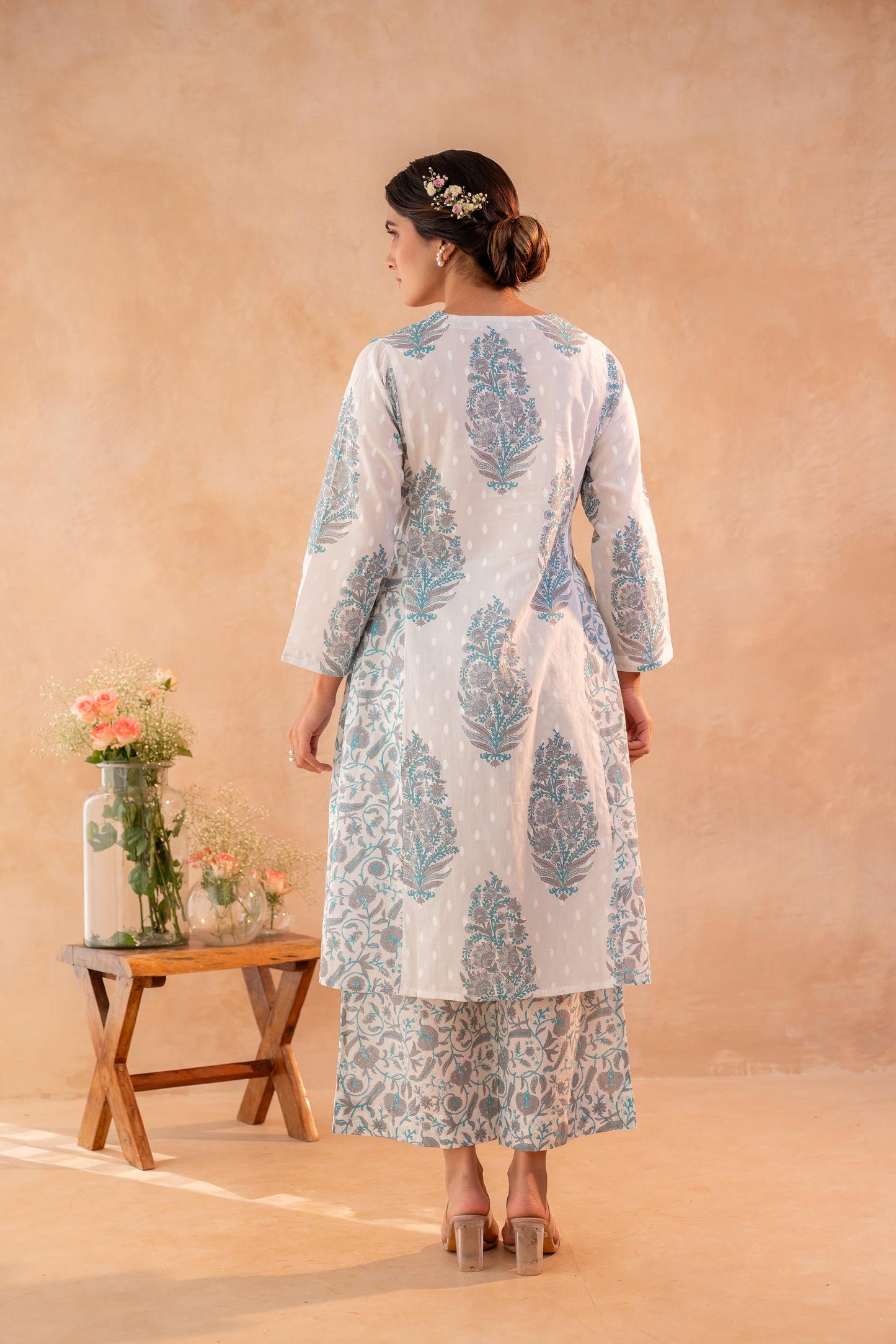 Ivory Aqua Floral Printed A-Line Kurta Set with Coordinated Dupatta