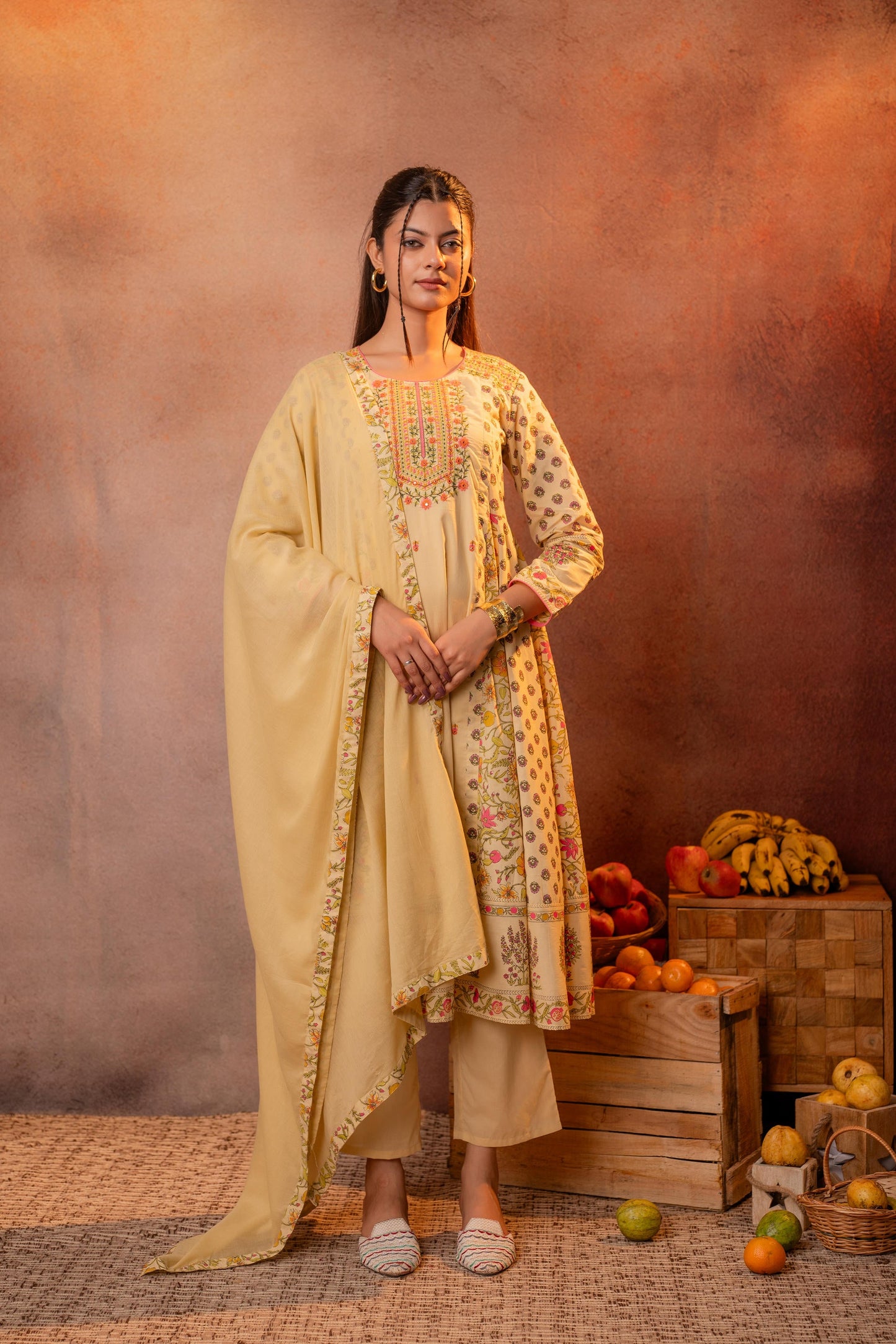 Yellow Floral Printed Anarkali Kurta Set with Embroidered Yoke & Dupatta