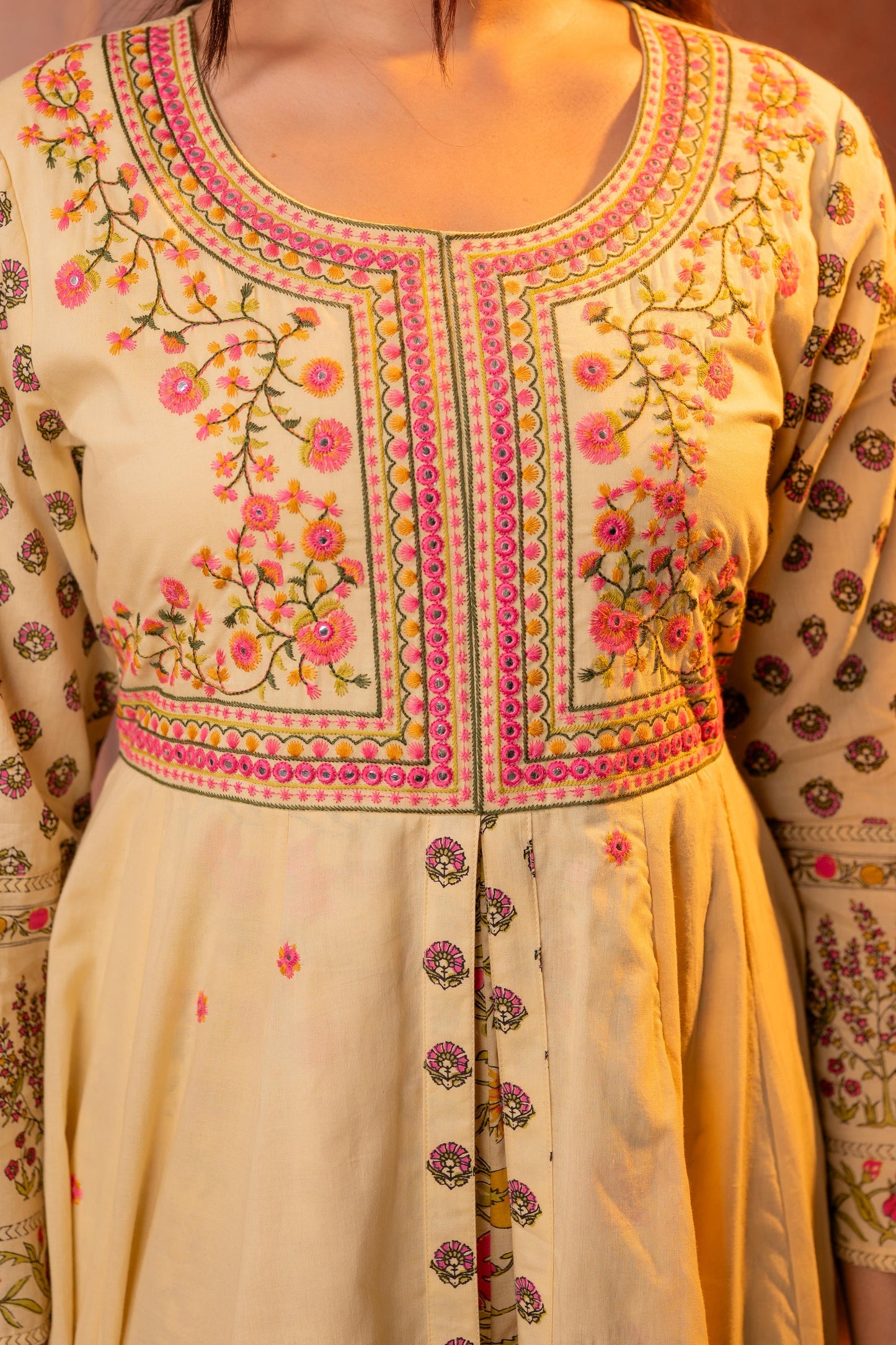 Buttercream Yellow Floral Printed Anarkali Slit Dress