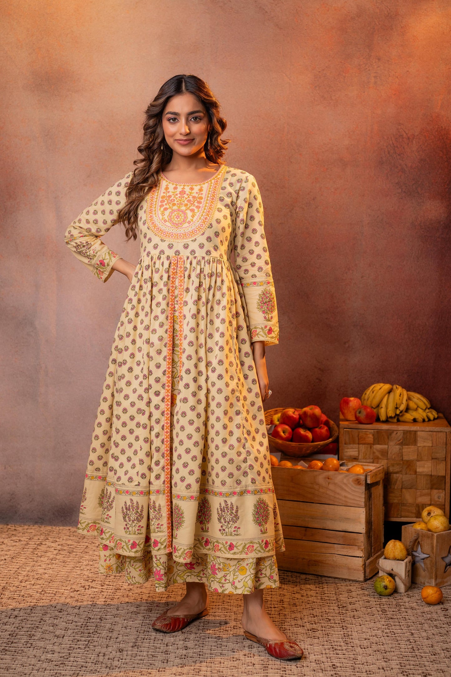 Buttercream Yellow Floral Printed Anarkali Dress