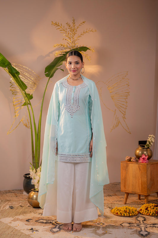 Powder Blue Mirror Work Embroidered Kurta Set with Dupatta