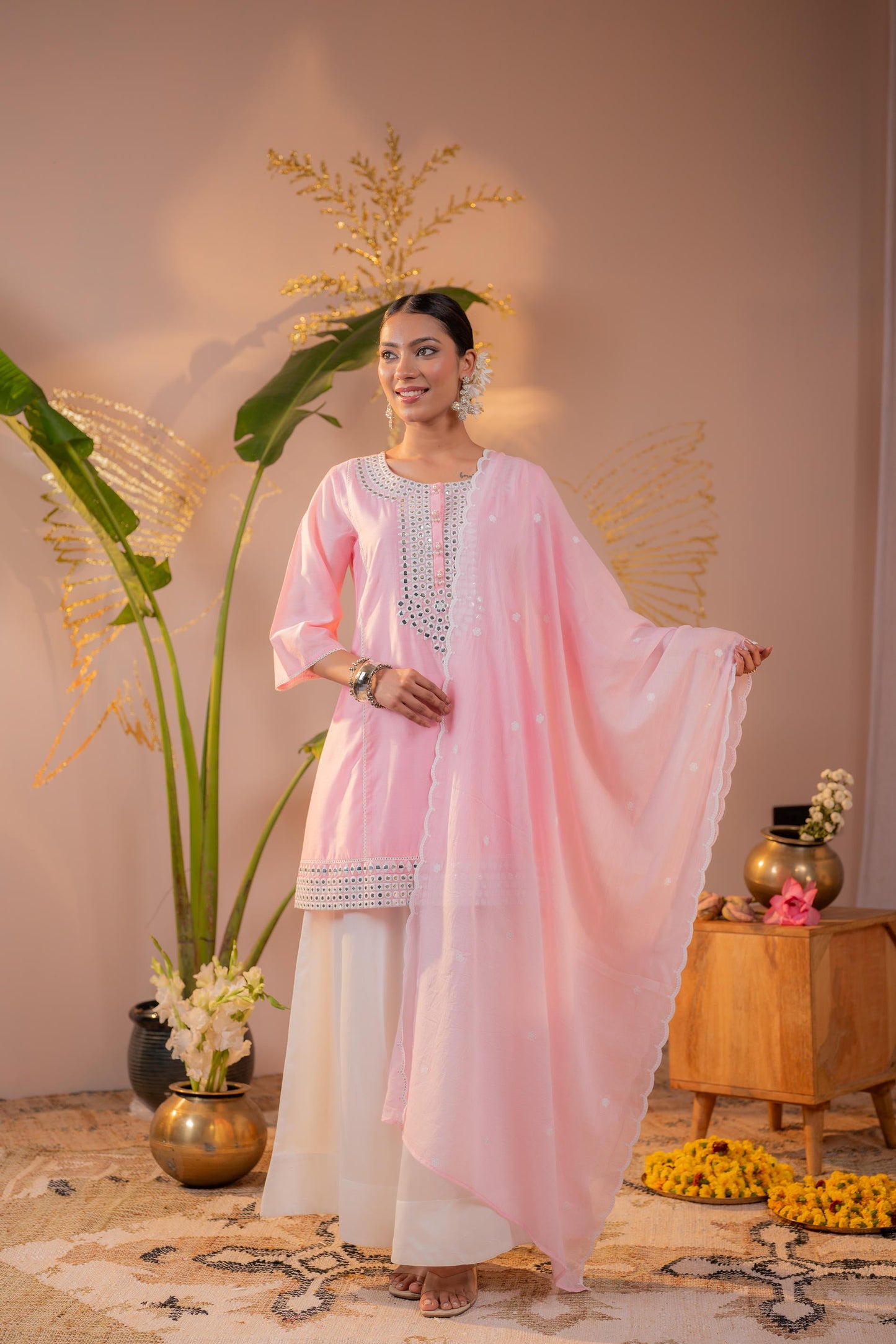 Pink Bloom mirror work Embroidered Kurta Set with Dupatta