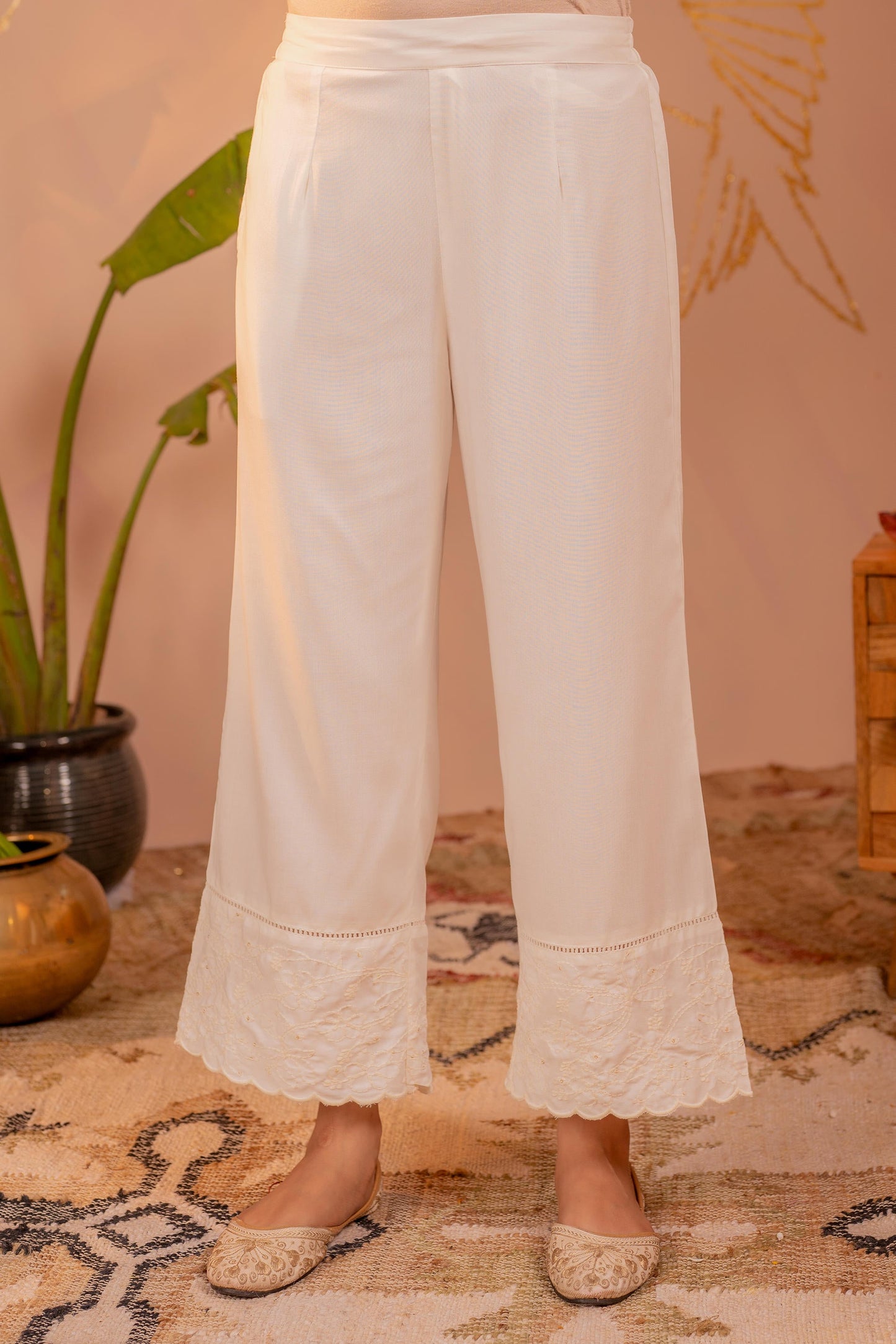 White Embroidered Viscose Kurta Pant Set