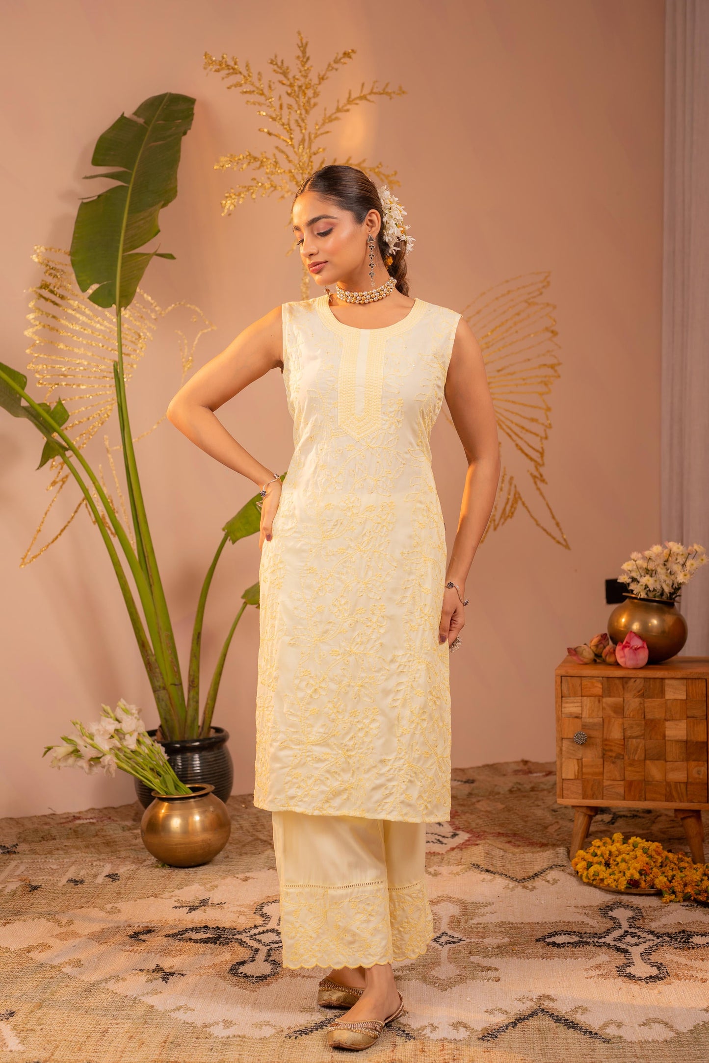 White Embroidered Viscose Kurta Pant Set
