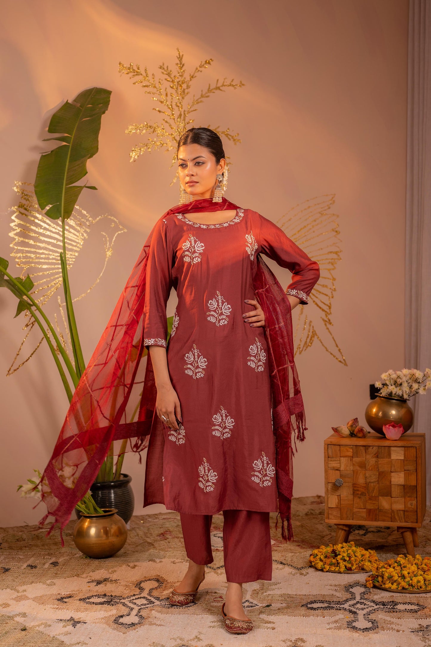 Rosegold Blossom -Pinted Kurta Pant And Dupatta Set