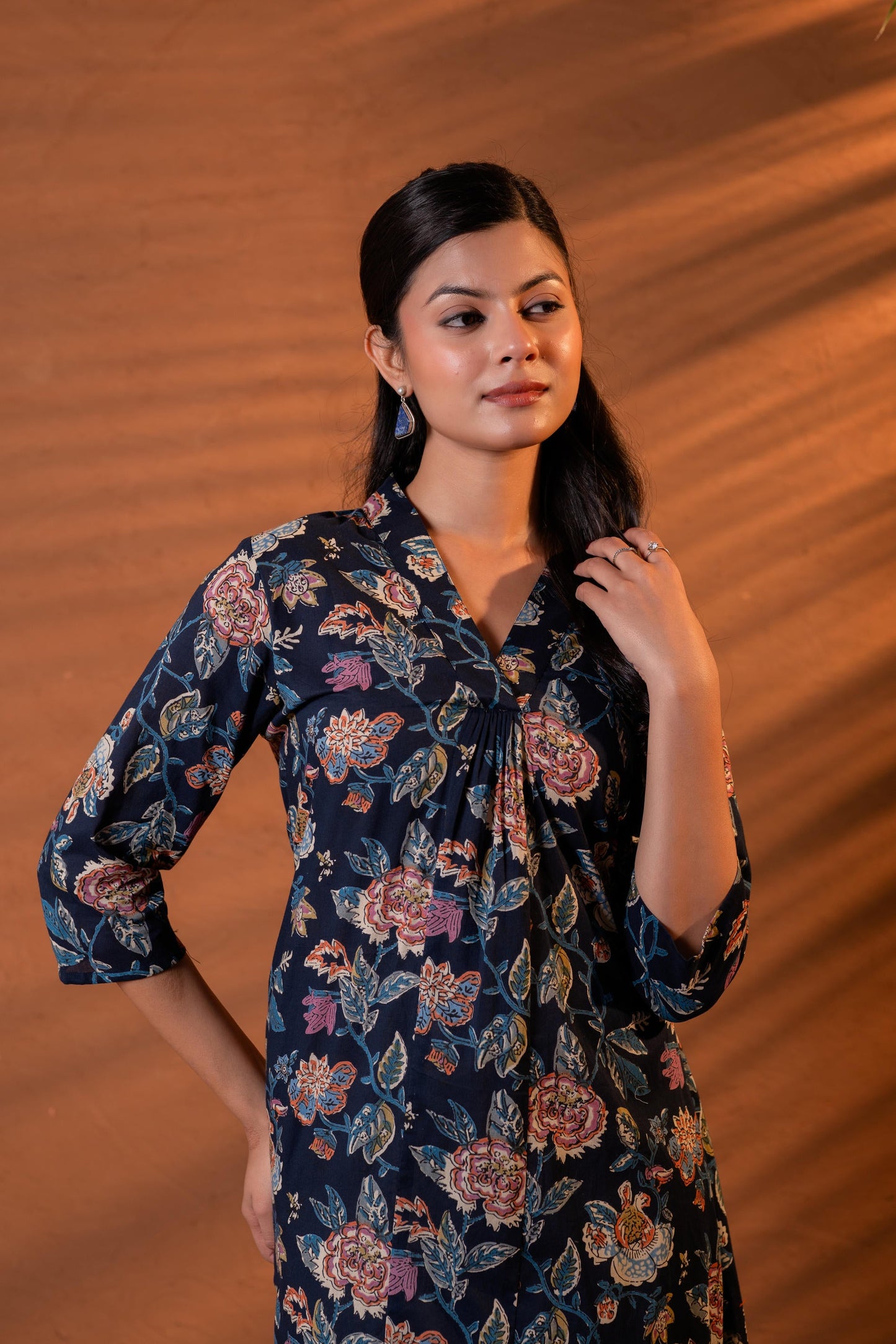 Navy Floral Printed Cotton A-Line Kurta