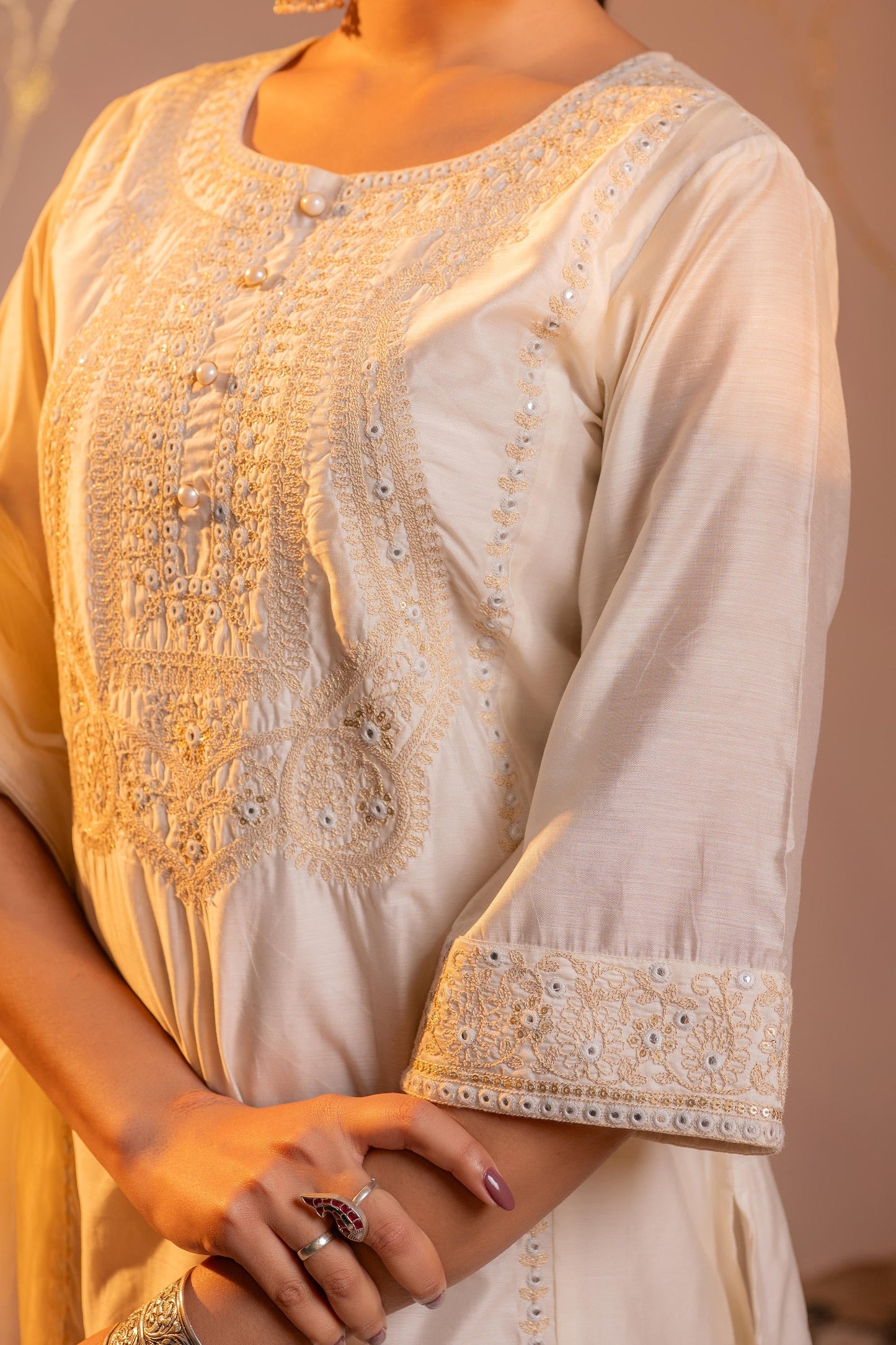 Off-White Embroidered Kurta Set with  Dupatta