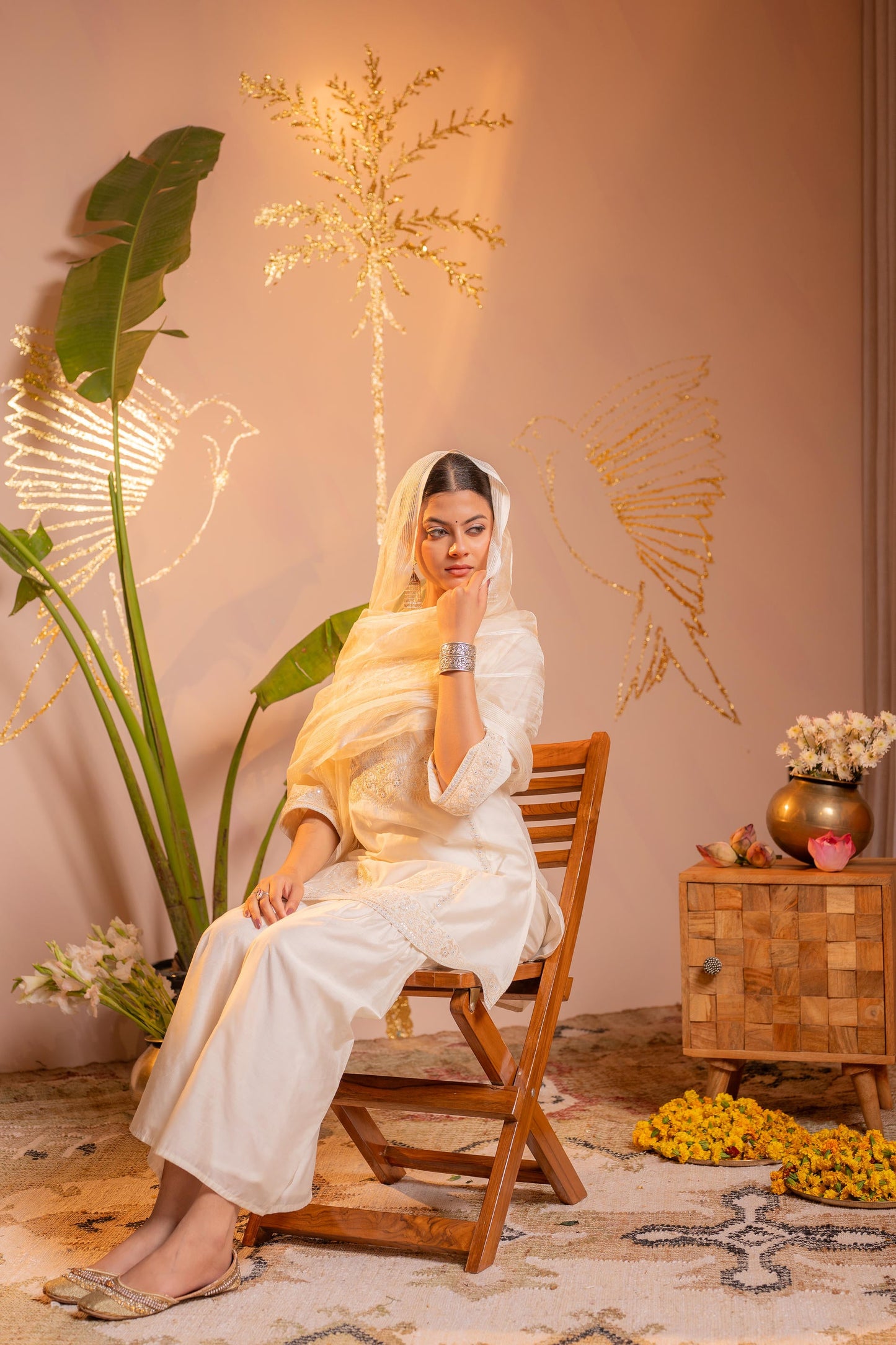 Off-White Embroidered Kurta Set with  Dupatta