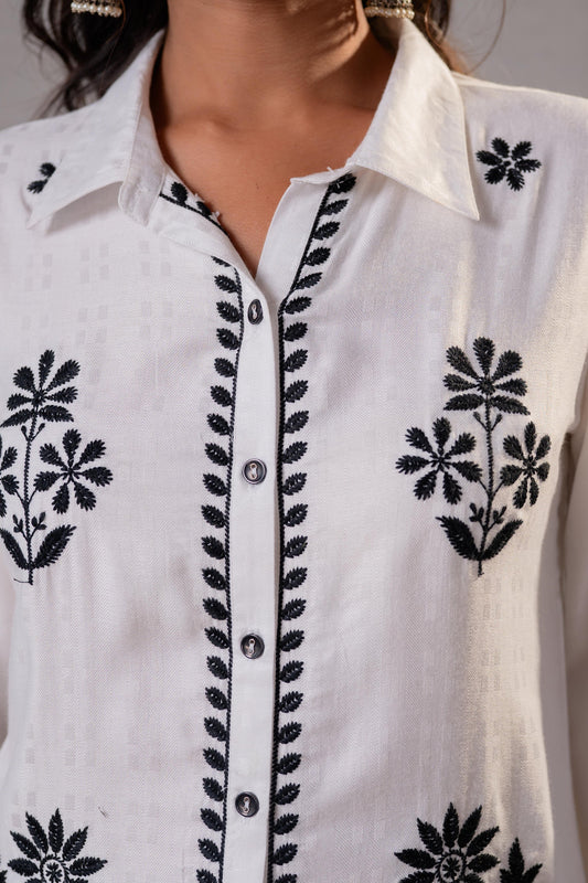 Noir Flora White & Black Embroidered Co-Ord Set