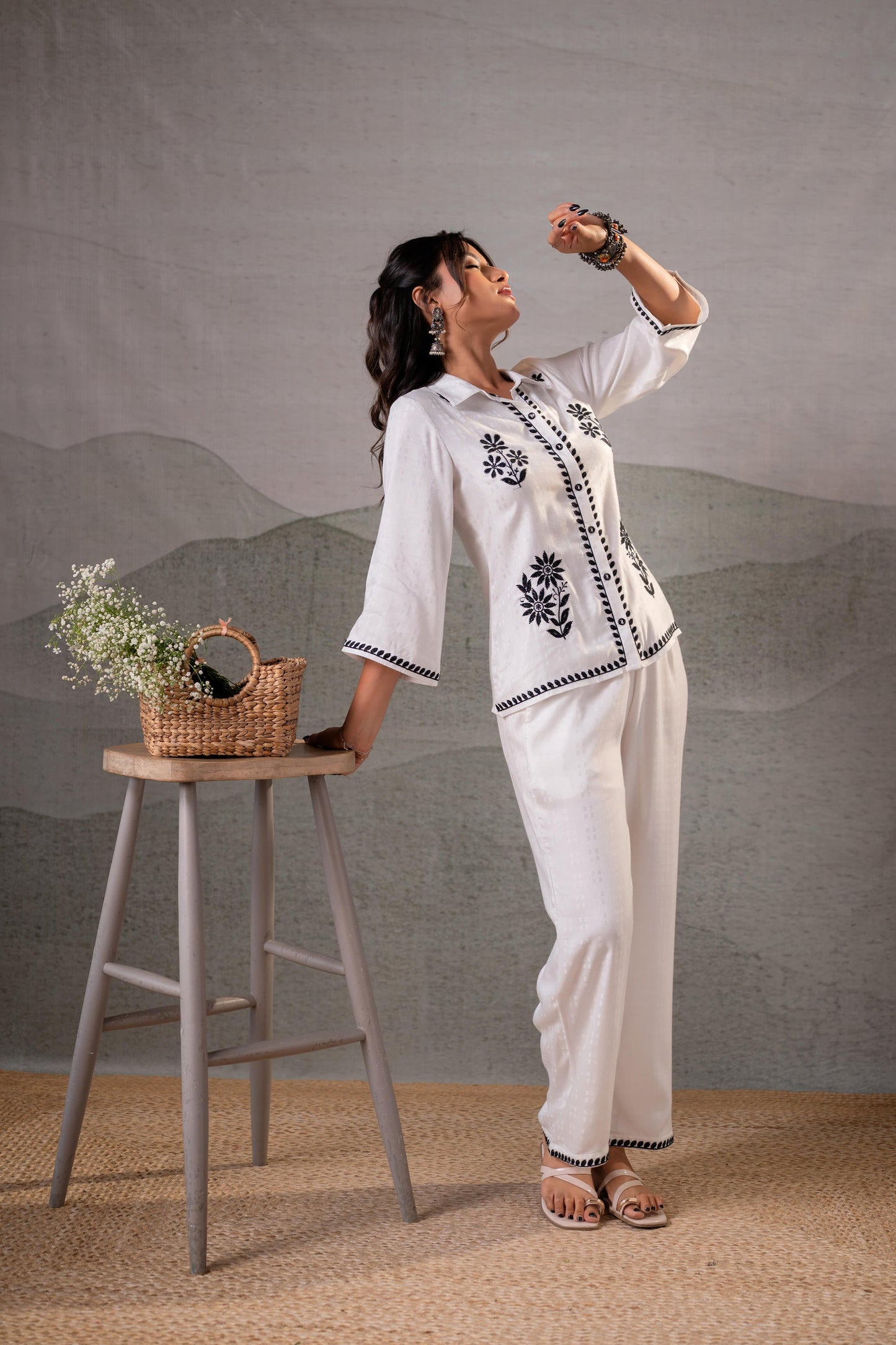 Noir Flora White & Black Embroidered Co-Ord Set