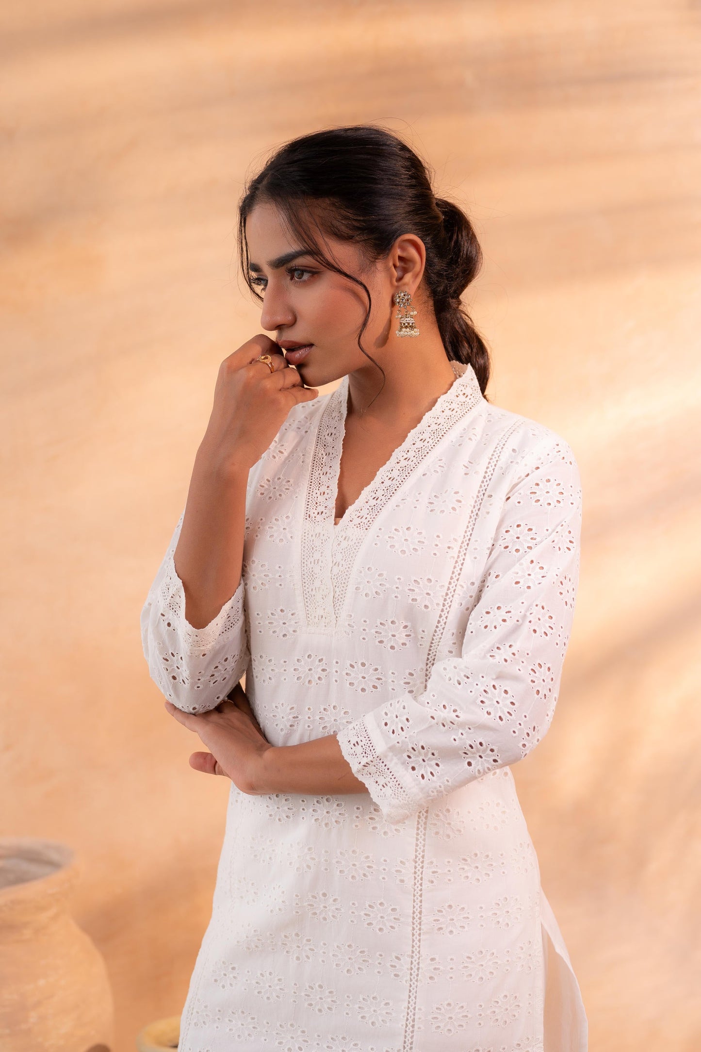 Off-White Schiffli Kurta And Pant Set