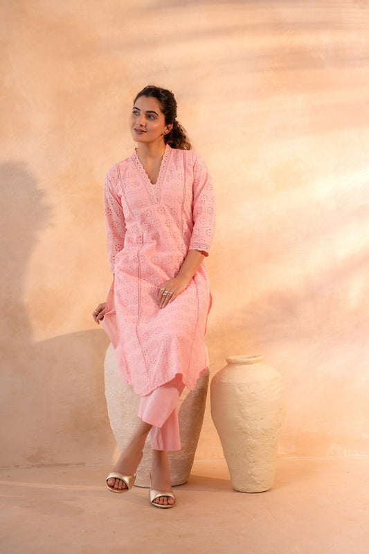 Peach Schiffli Kurta And Pant Set