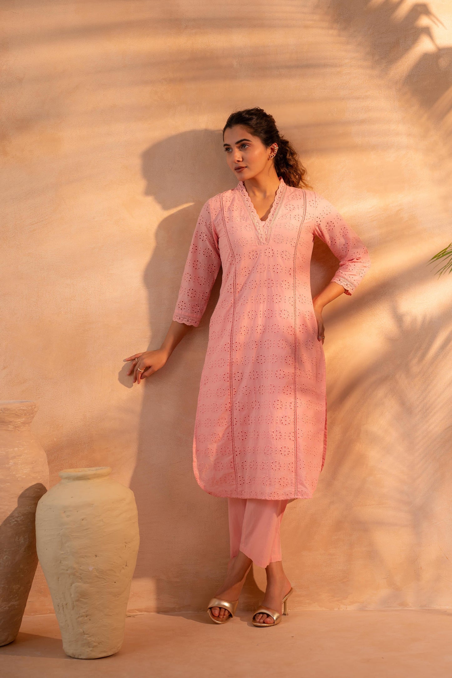 Peach Schiffli Kurta And Pant Set