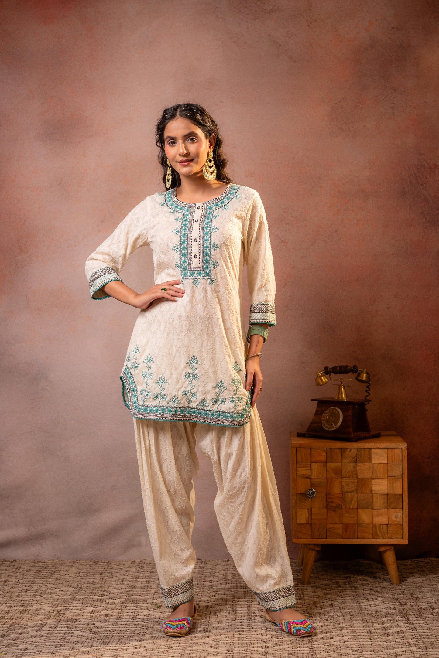 Off White & Teal Cotton Kurta Patiala Salwar Set