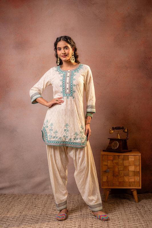 Off White & Teal Cotton Kurta Patiala Salwar Set