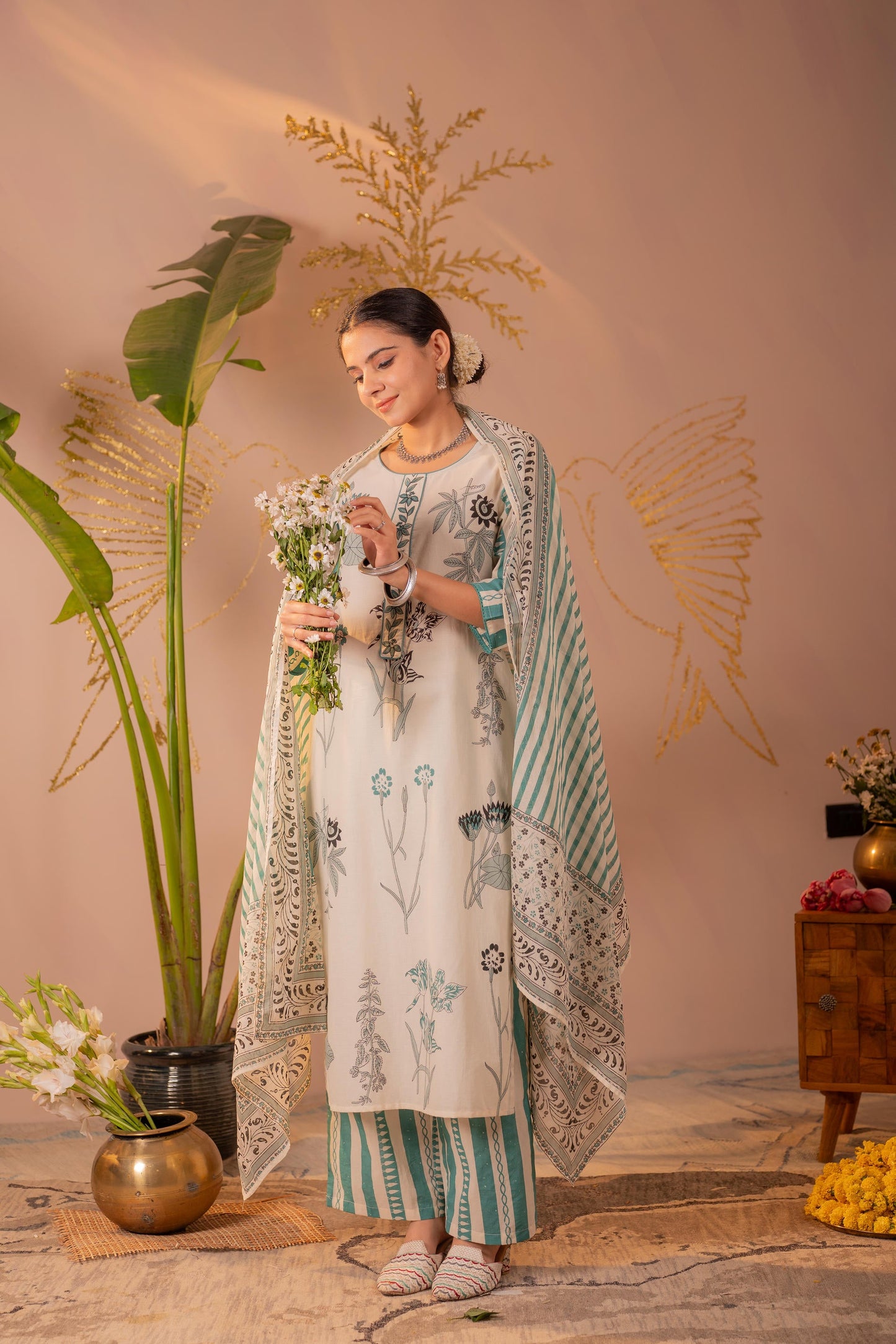 Ivory & Sea Green Botanical Printed Kurta Set with Striped Dupatta