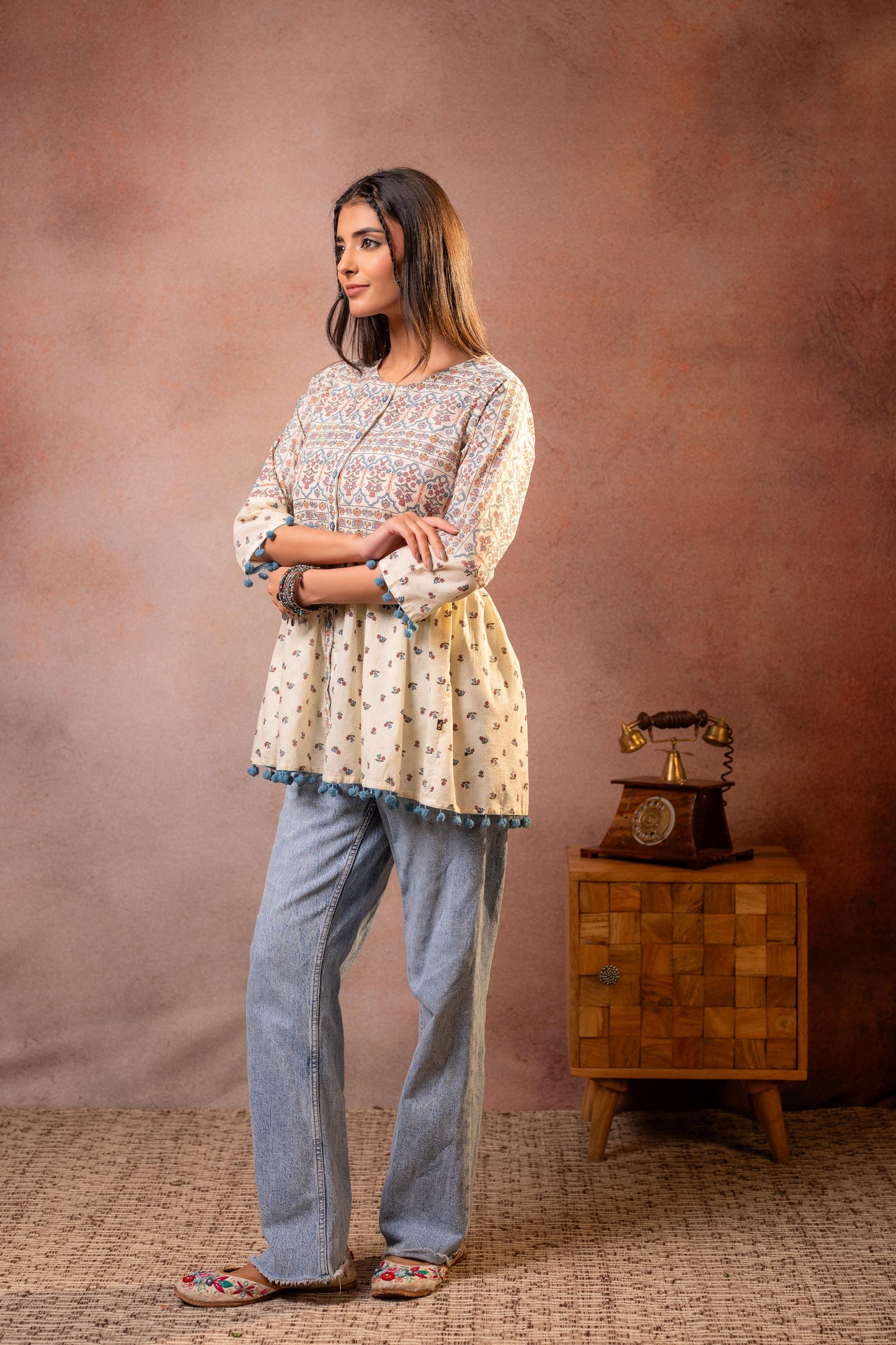 Off-White Printed Ethnic Tunic with Tassel,pompom Details