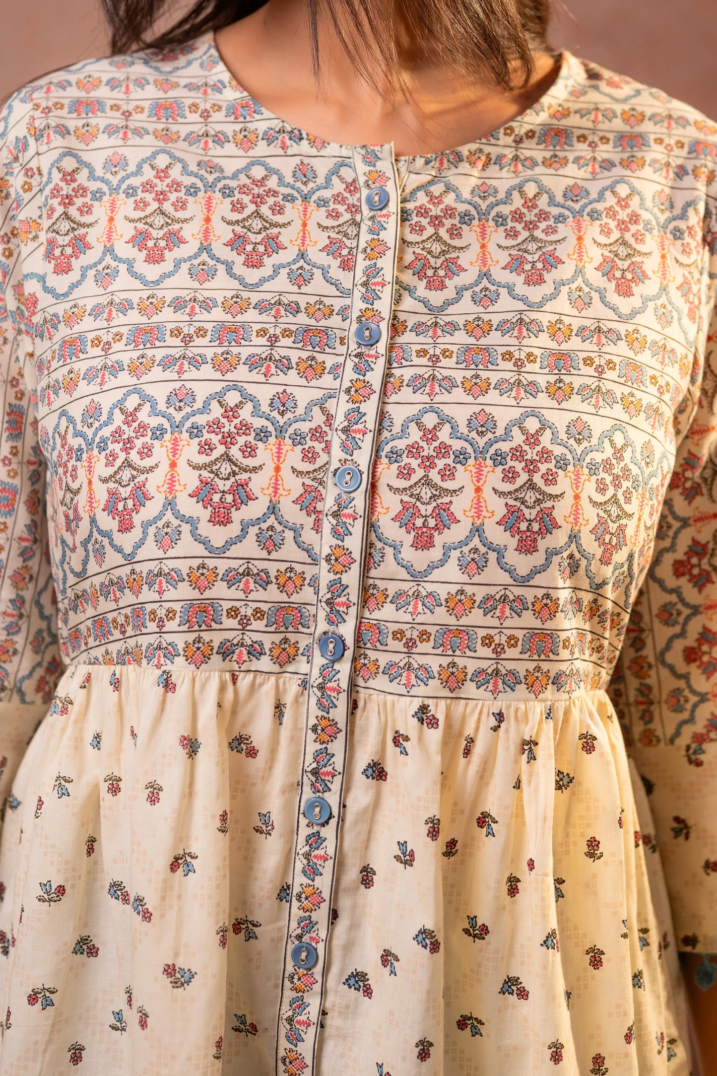 Off-White Printed Ethnic Tunic with Tassel,pompom Details