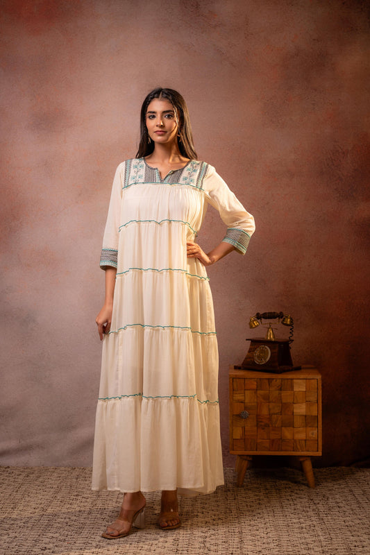 Off-White Sage Cotton Floral Tiered Maxi Dress